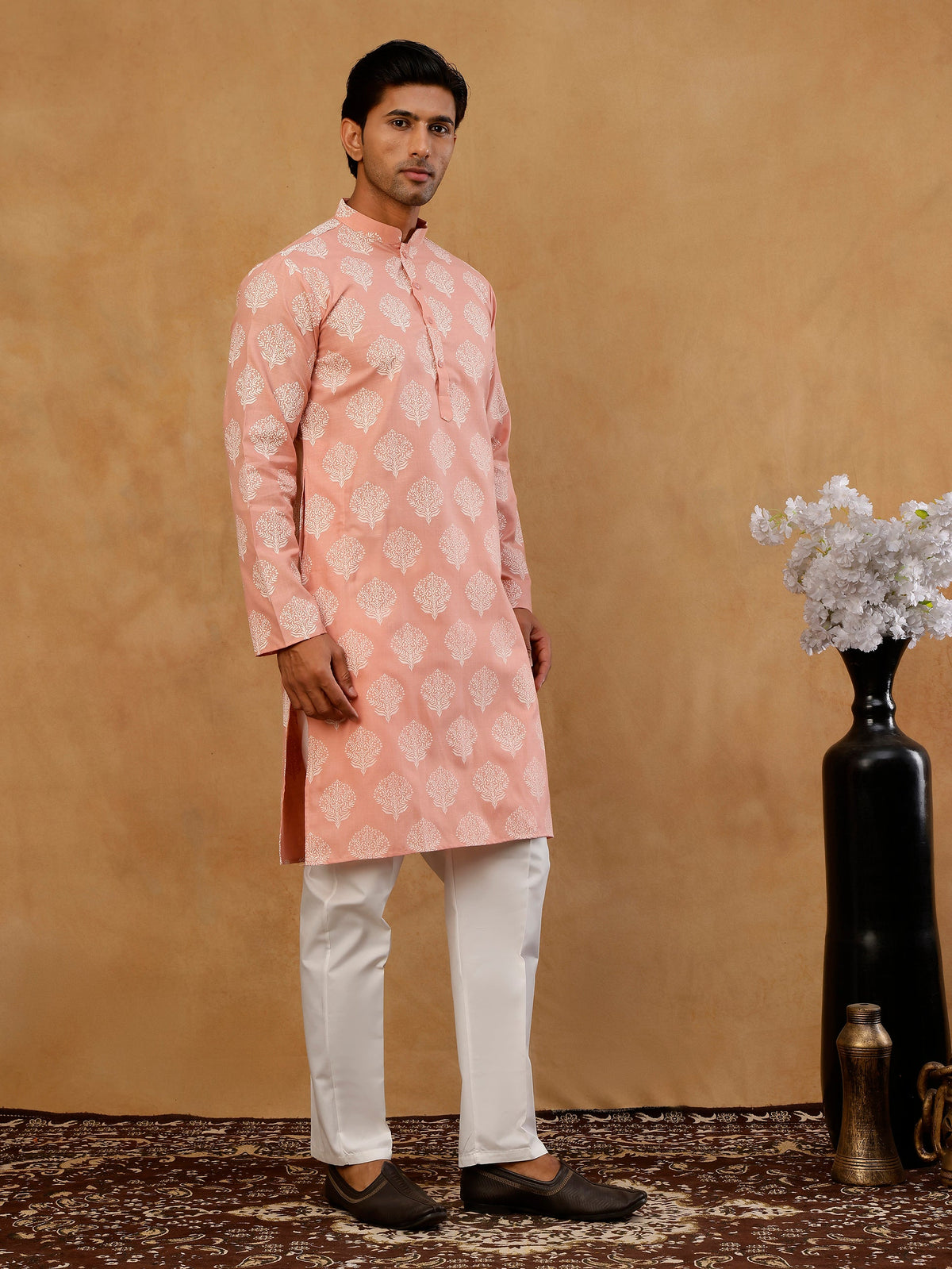 Men’s Cotton Blend Ethnic Printed Kurta Set ( 65KP W C 5510 Peach )