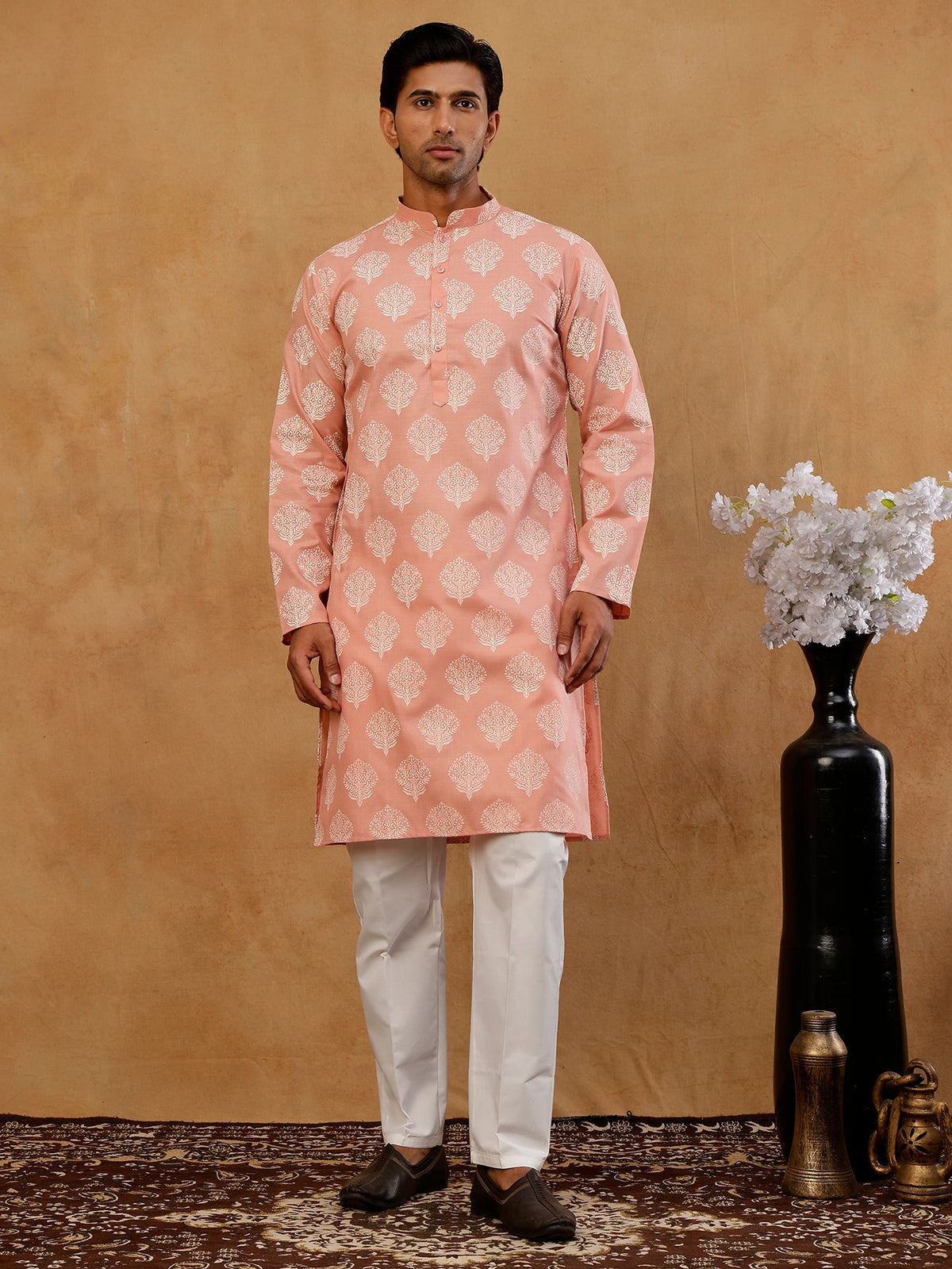 Men’s Cotton Blend Ethnic Printed Kurta Set ( 65KP W C 5510 Peach )