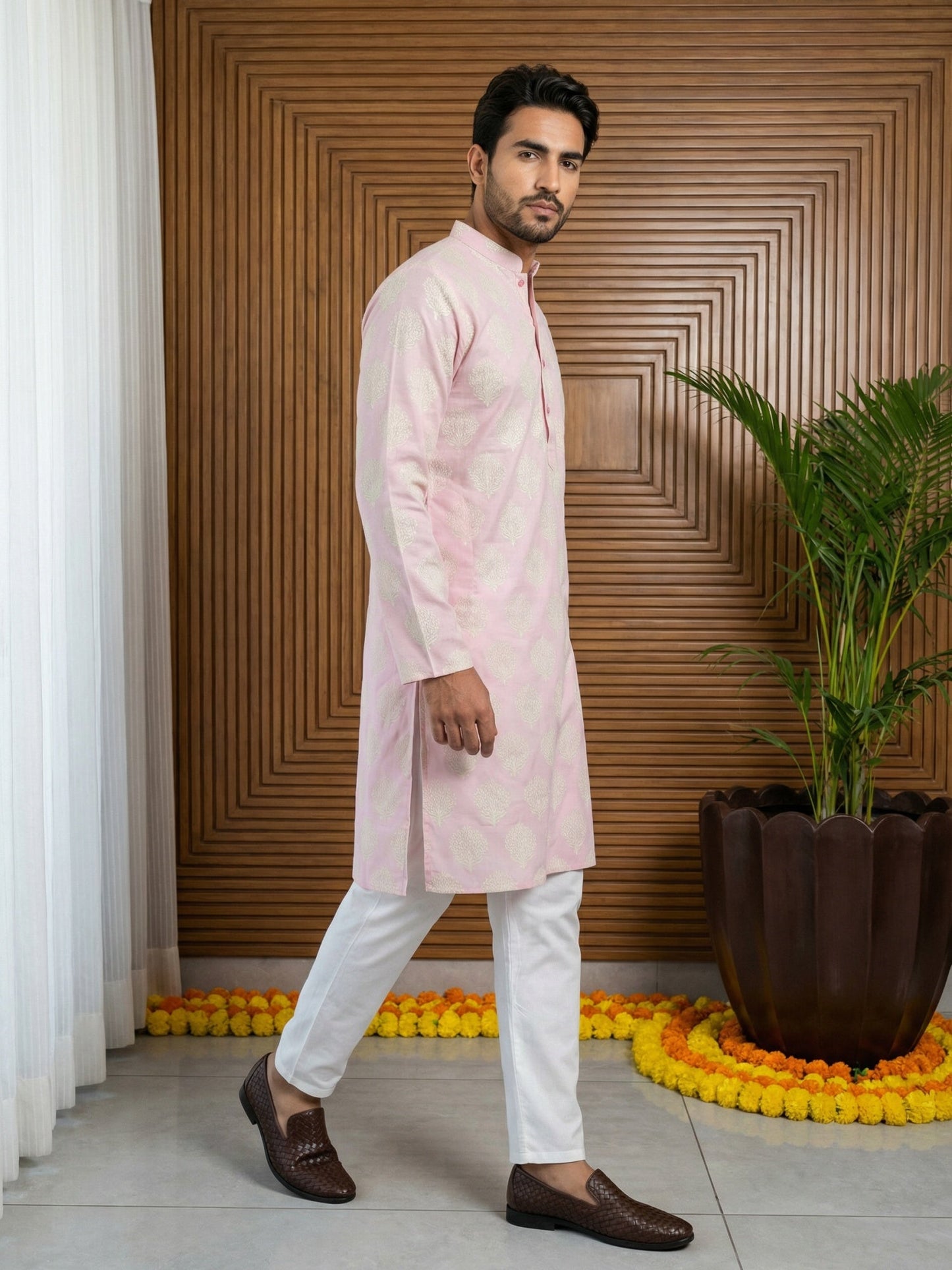 Men’s Cotton Blend Ethnic Printed Kurta Set ( 65KP P 5510Pink ) [FF] [N-13]