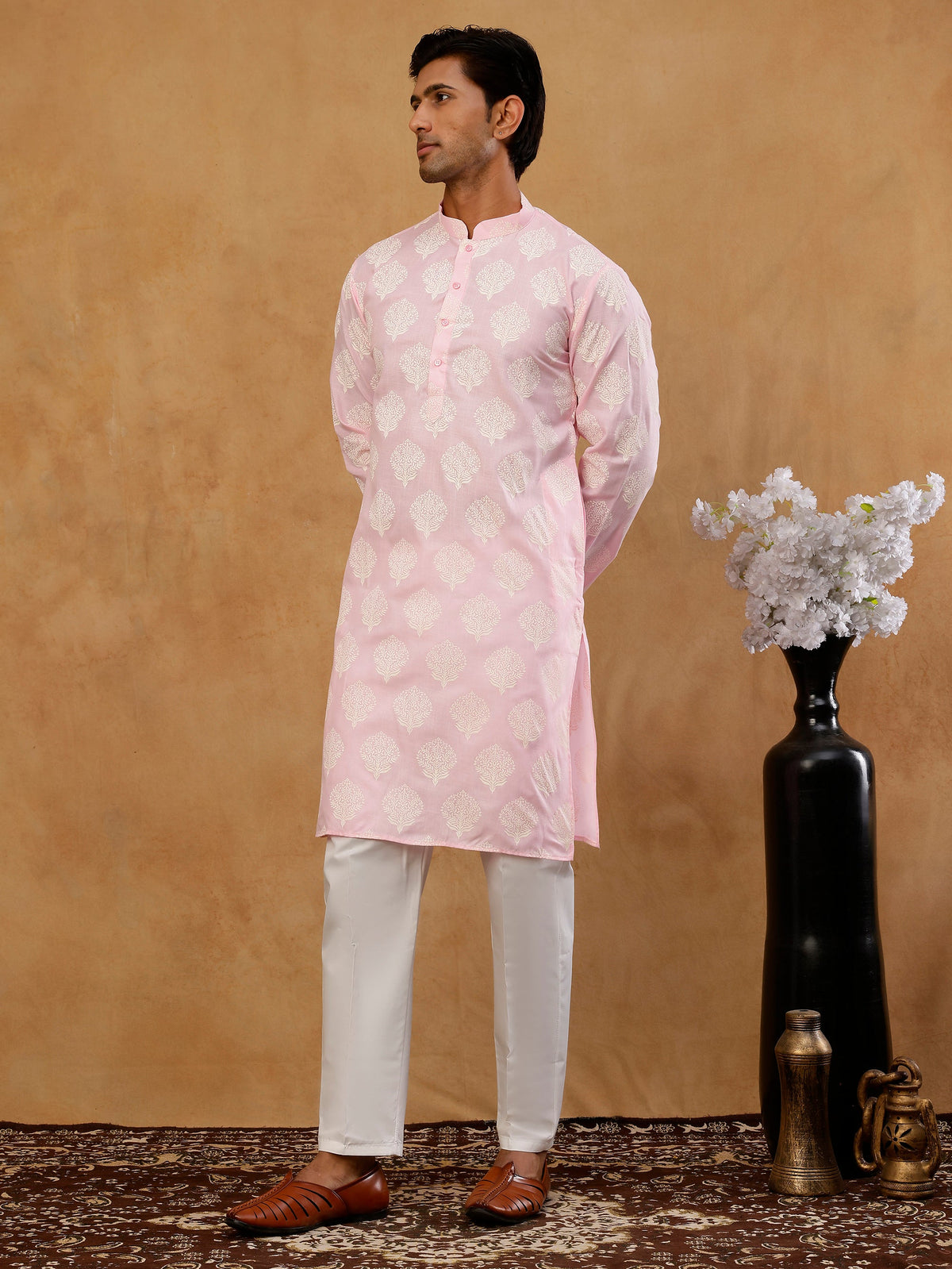 Men’s Cotton Blend Ethnic Printed Kurta Set ( 65KP W C 5510 Pink )