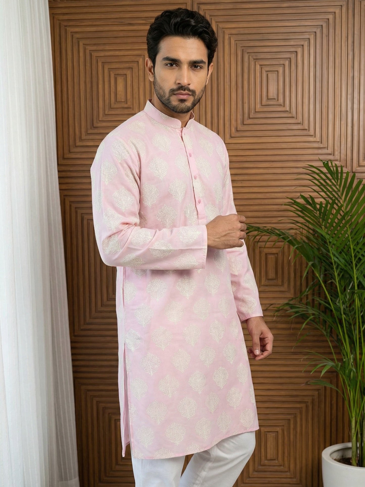 Men’s Cotton Blend Ethnic Printed Kurta Set ( 65KP P 5510Pink ) [FF] [N-13]