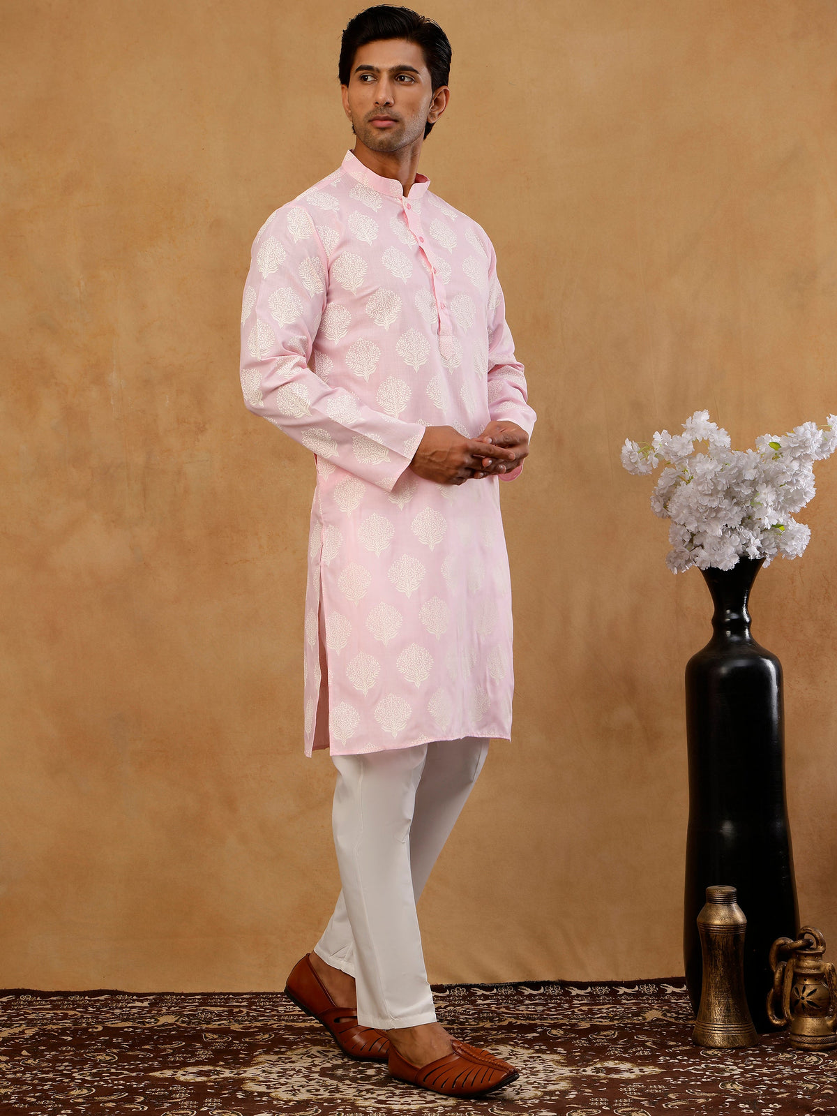 Men’s Cotton Blend Ethnic Printed Kurta Set ( 65KP W C 5510 Pink )