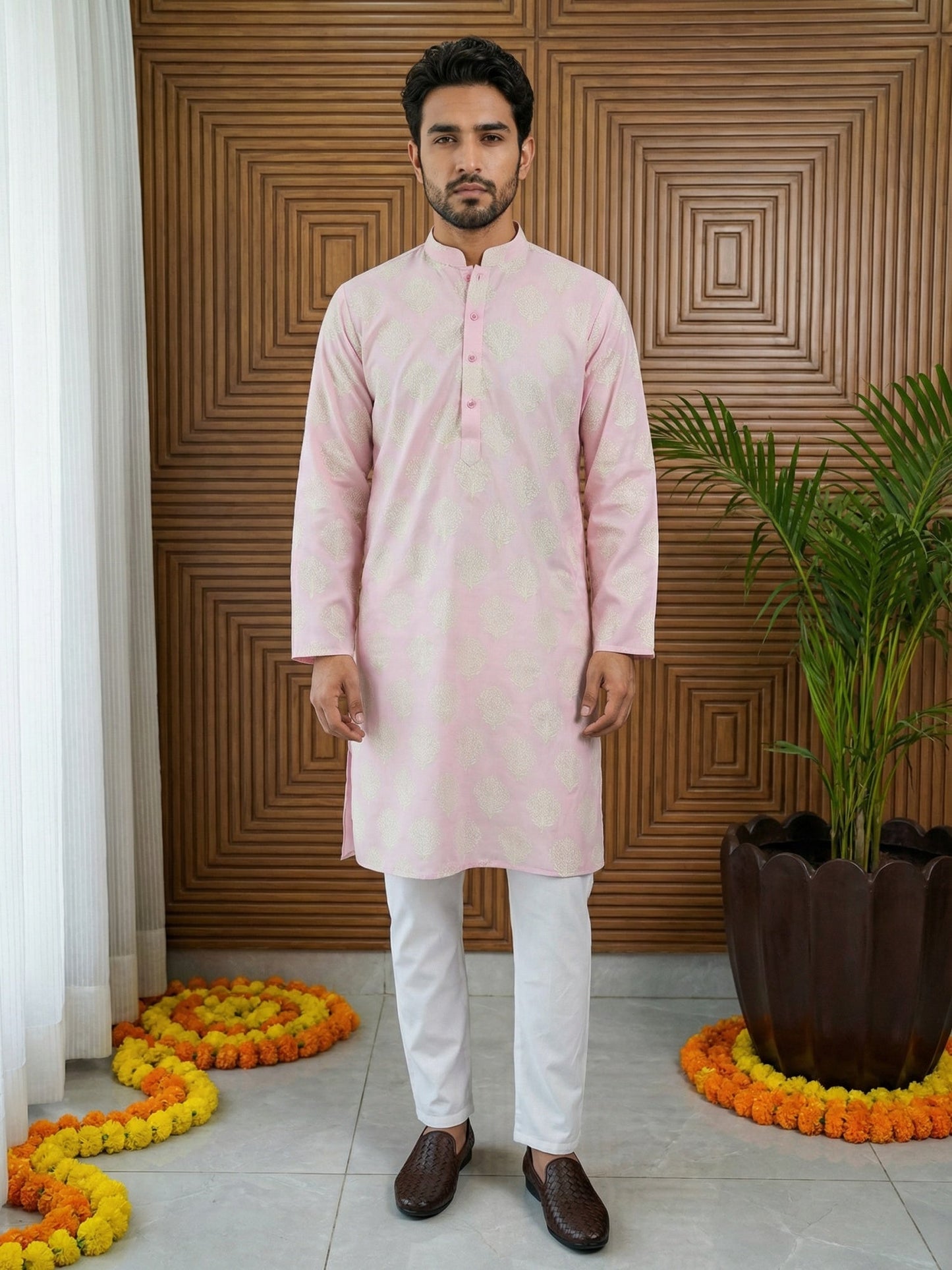 Men’s Cotton Blend Ethnic Printed Kurta Set ( 65KP P 5510Pink ) [FF] [N-13]