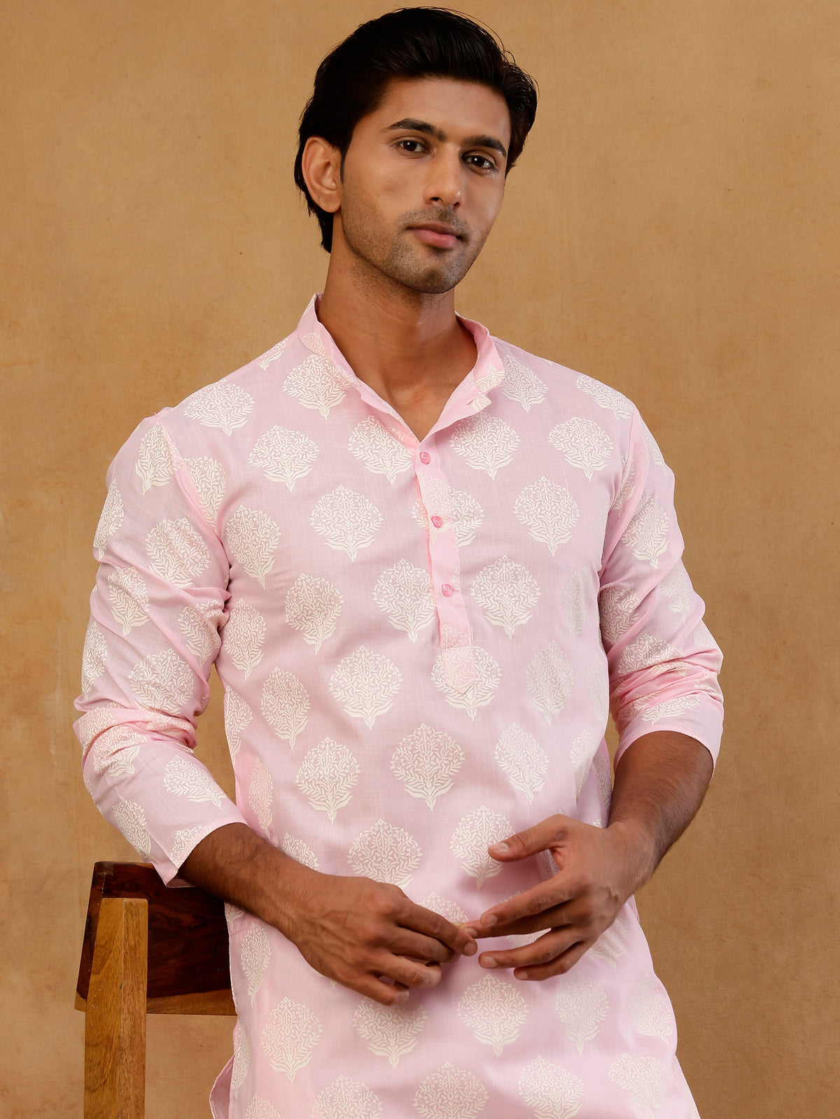 Men’s Cotton Blend Ethnic Printed Kurta Set ( 65KP W C 5510 Pink )