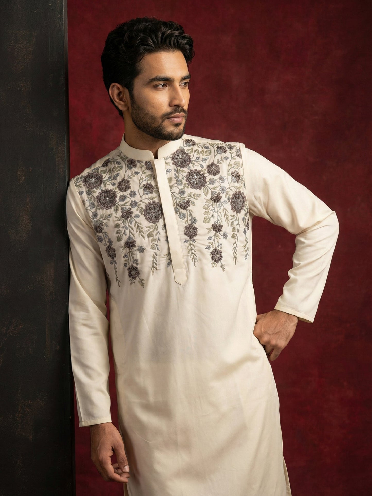 Men’s Cotton Blend Embroidered Festive Kurta Set ( 65KP P 5511Cream ) [FF] [A-1-3]