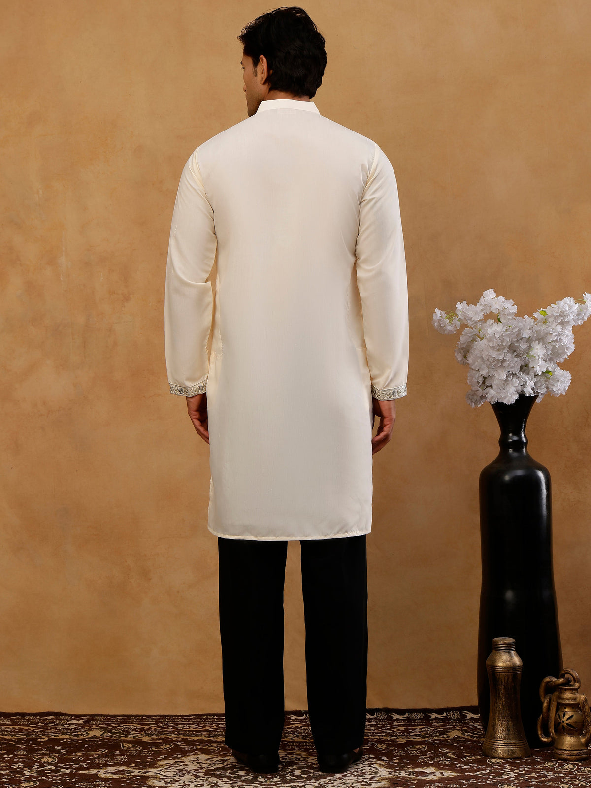 Men’s Cotton Blend Embroidered Kurta with Korean Pants ( 65KP PJ11B C 5511 Cream )