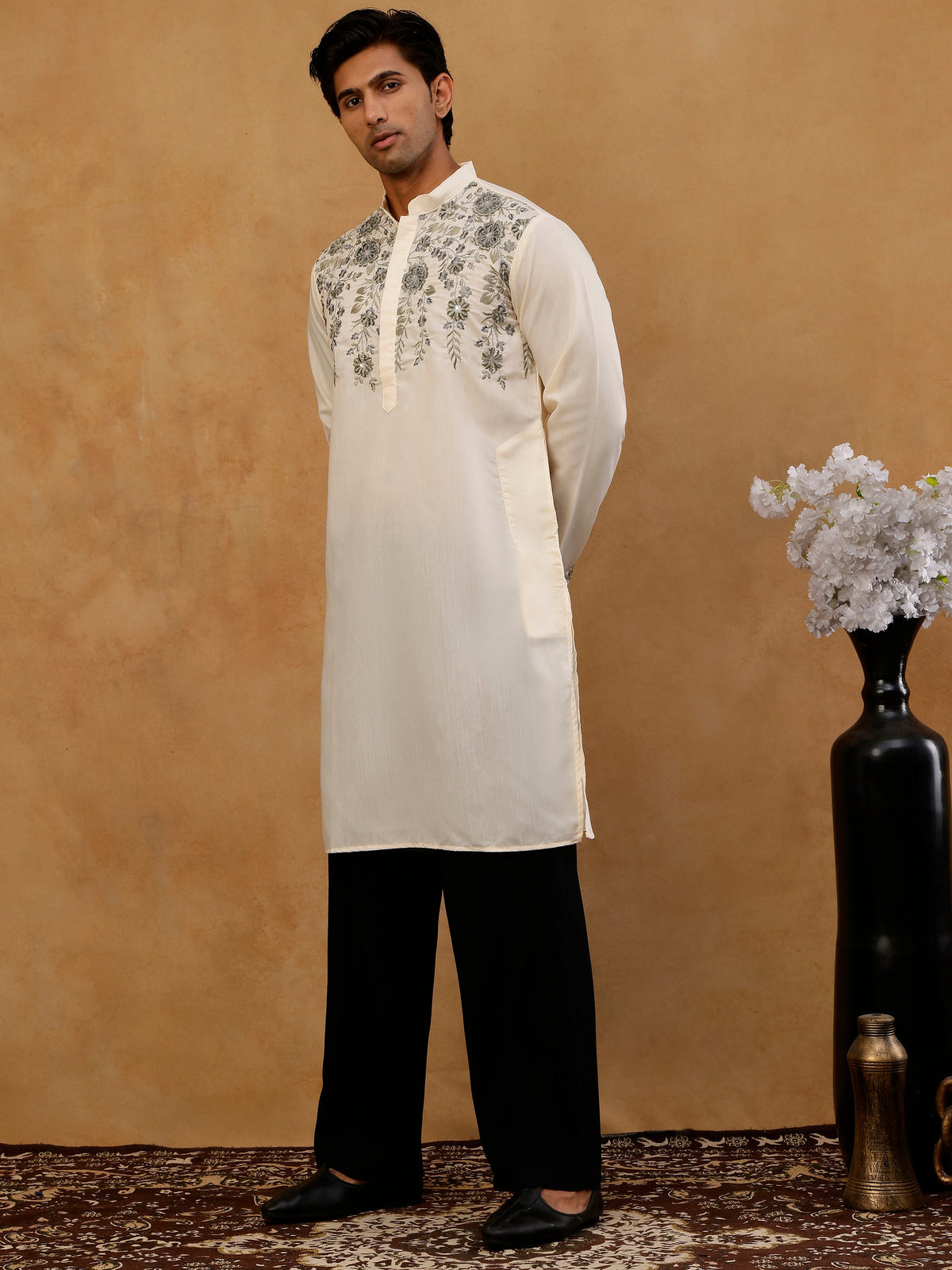 Men’s Cotton Blend Embroidered Kurta with Korean Pants ( 65KP PJ11B C 5511 Cream )