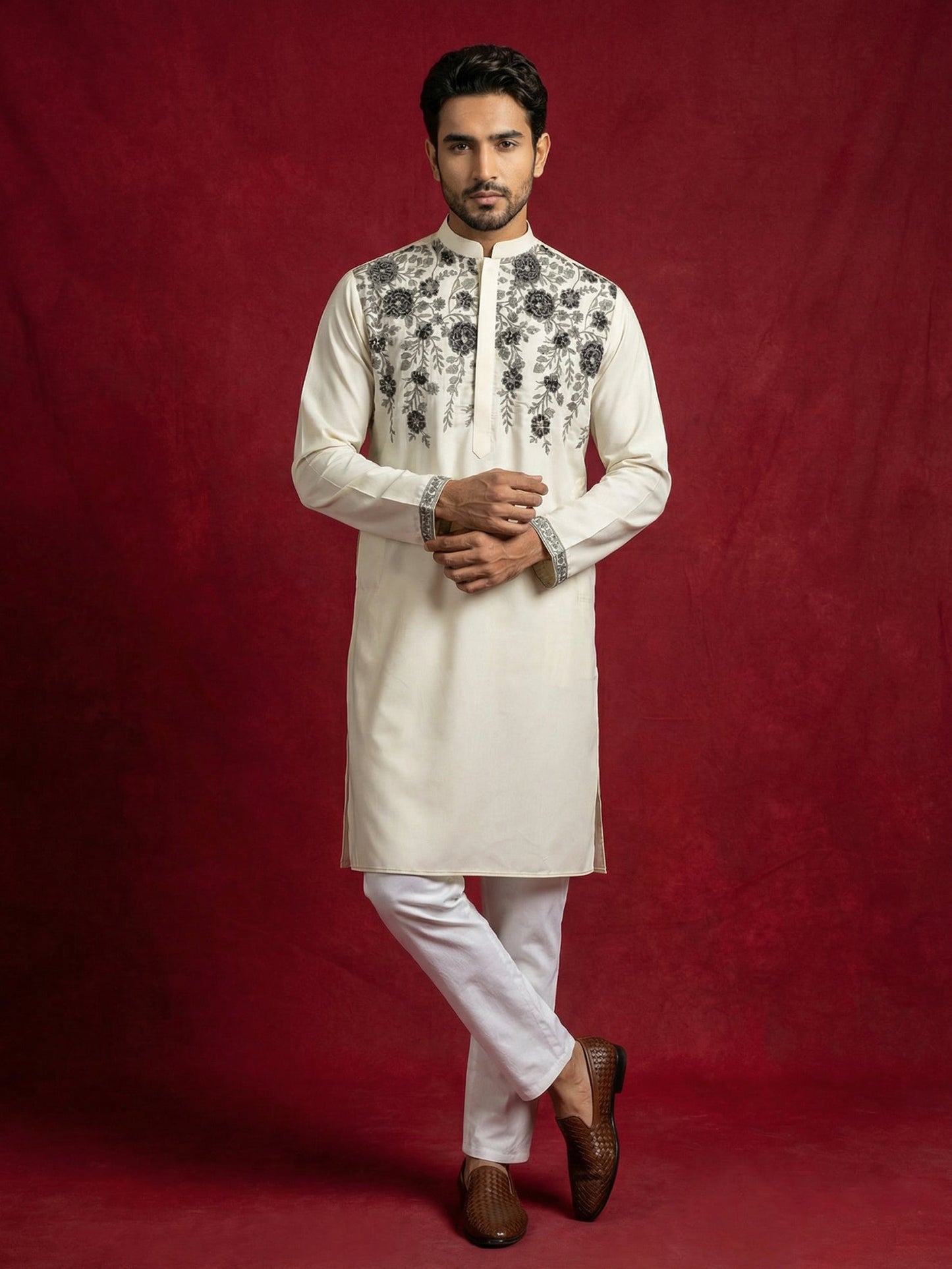 Men’s Cotton Blend Embroidered Festive Kurta Set ( 65KP P 5511Cream ) [FF] [A-1-3]