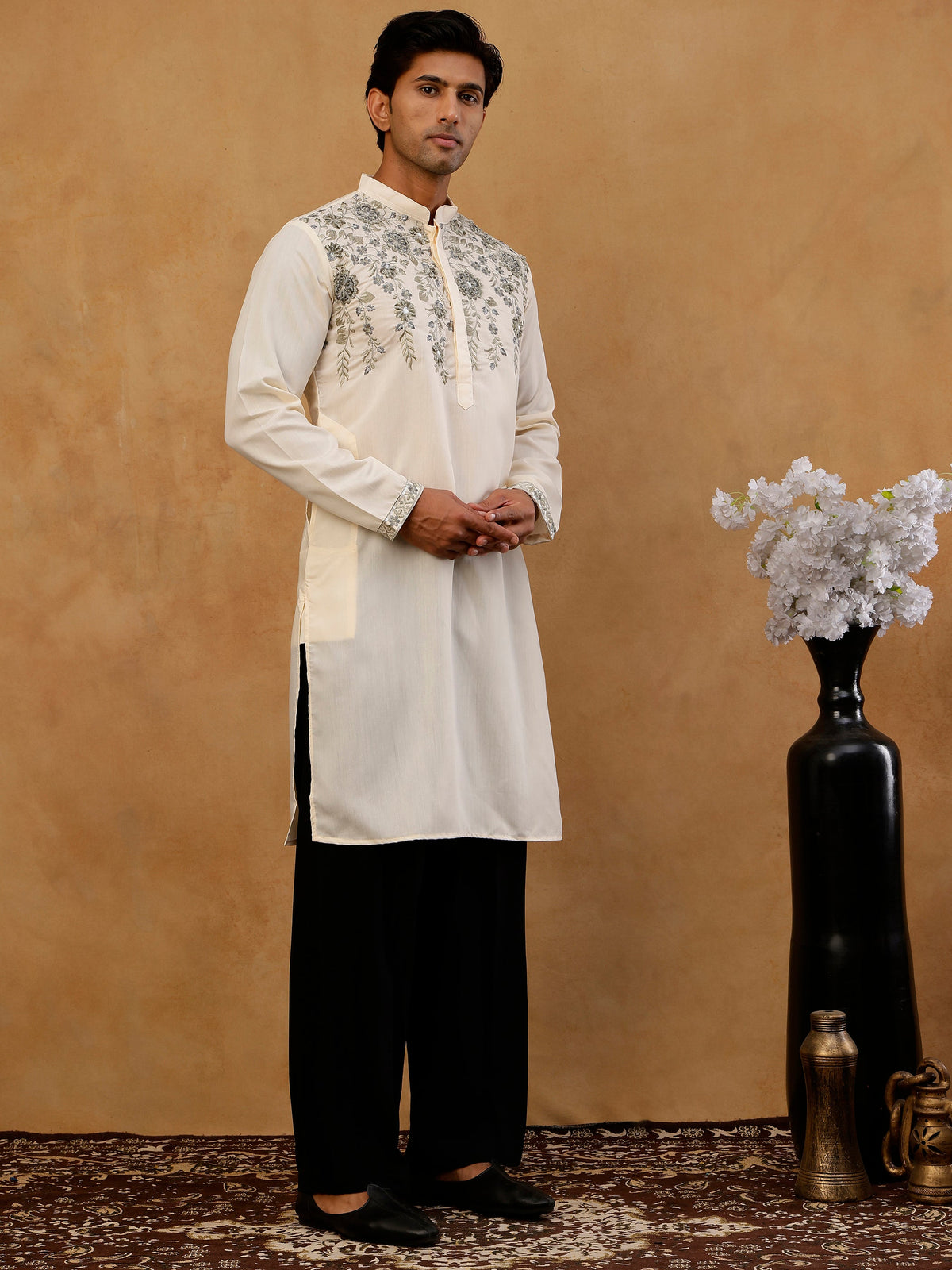 Men’s Cotton Blend Embroidered Kurta with Korean Pants ( 65KP PJ11B C 5511 Cream )