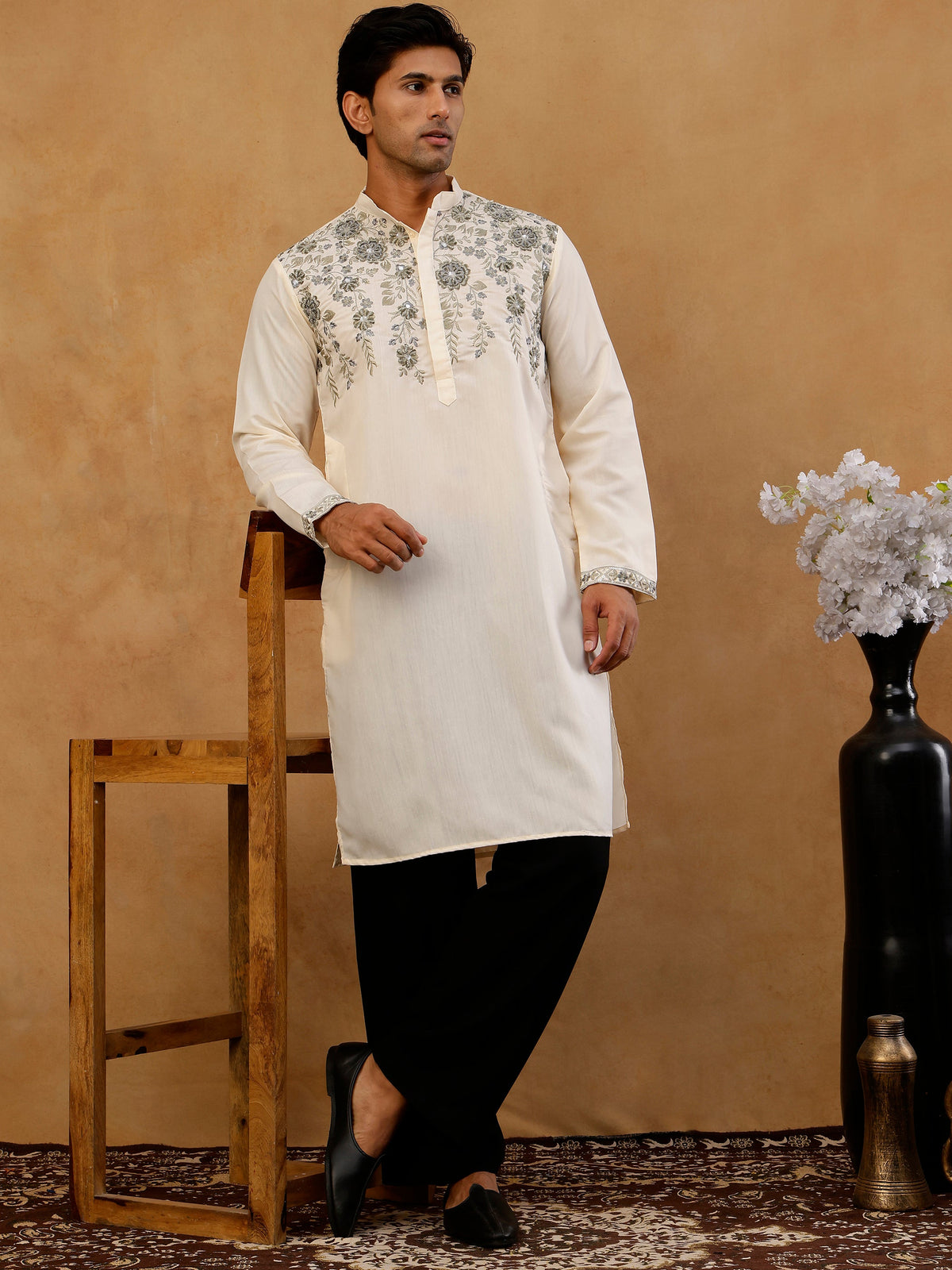 Men’s Cotton Blend Embroidered Kurta with Korean Pants ( 65KP PJ11B C 5511 Cream )