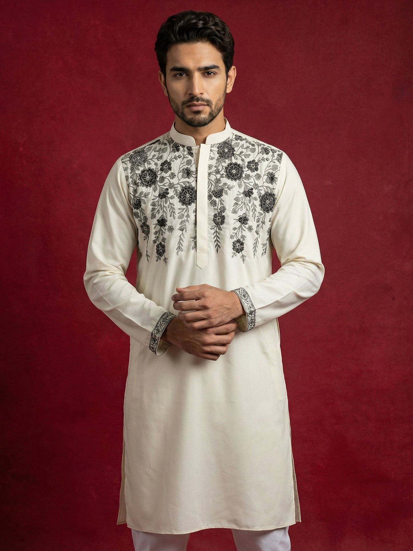 Men’s Cotton Blend Embroidered Festive Kurta Set ( 65KP P 5511Cream ) [FF] [A-1-3]