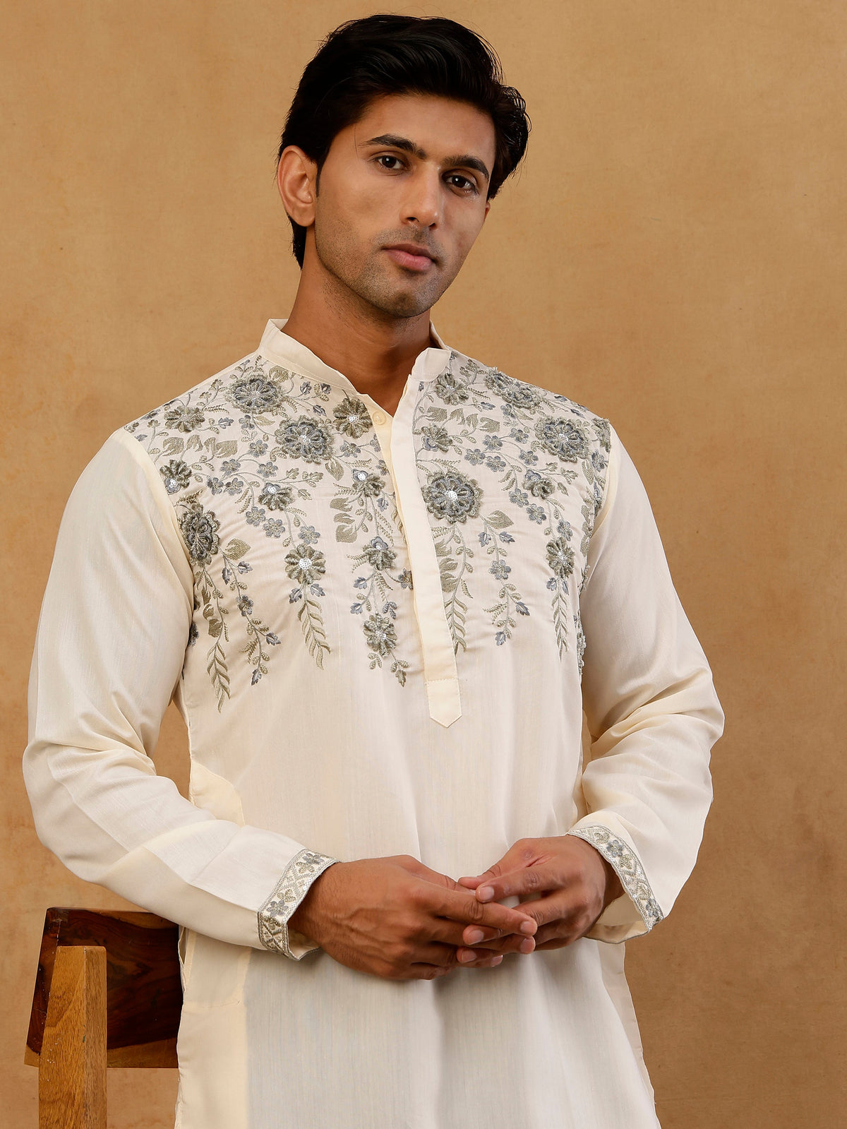 Men’s Cotton Blend Embroidered Kurta with Korean Pants ( 65KP PJ11B C 5511 Cream )