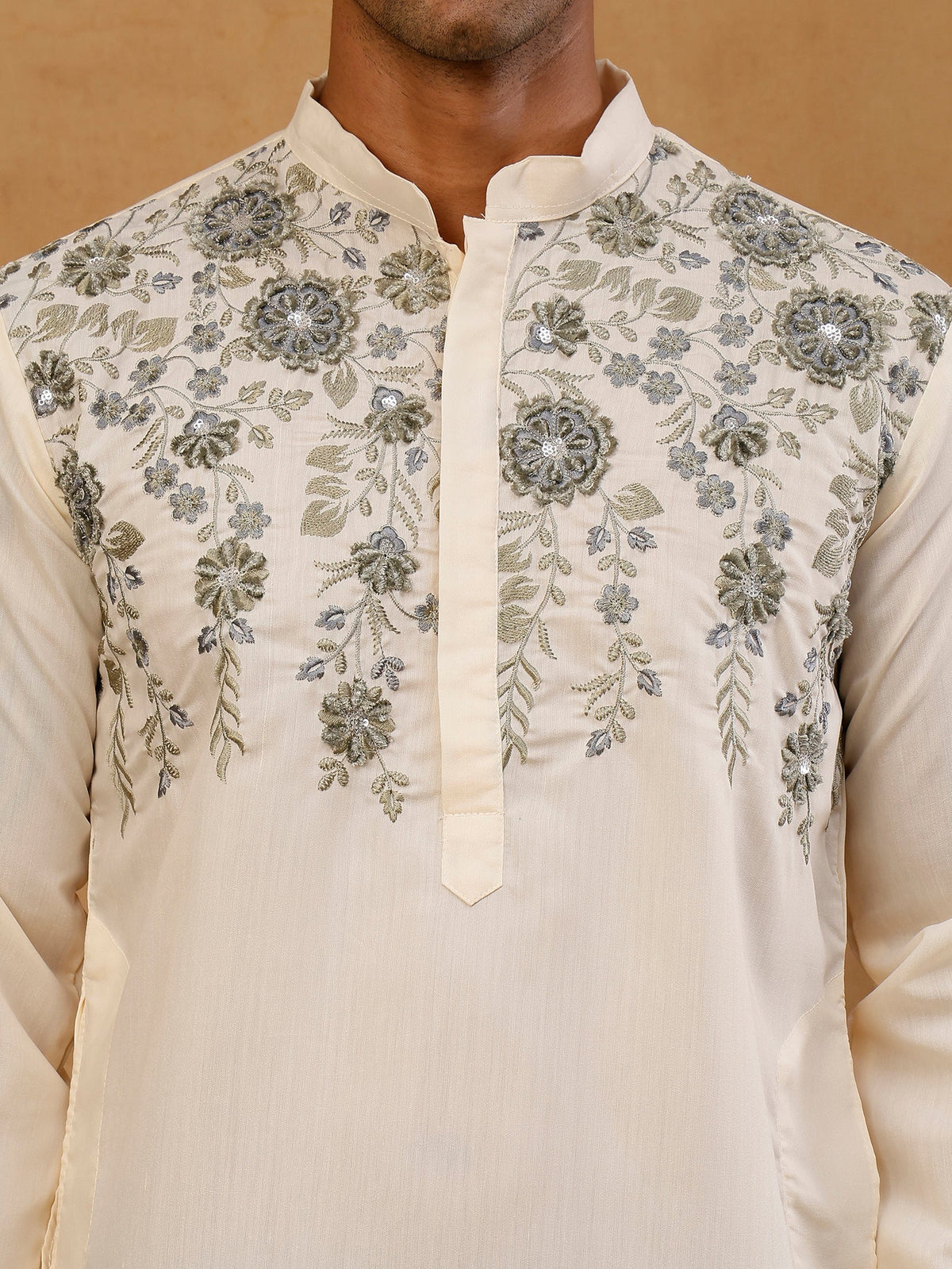 Men’s Cotton Blend Embroidered Kurta with Korean Pants ( 65KP PJ11B C 5511 Cream )