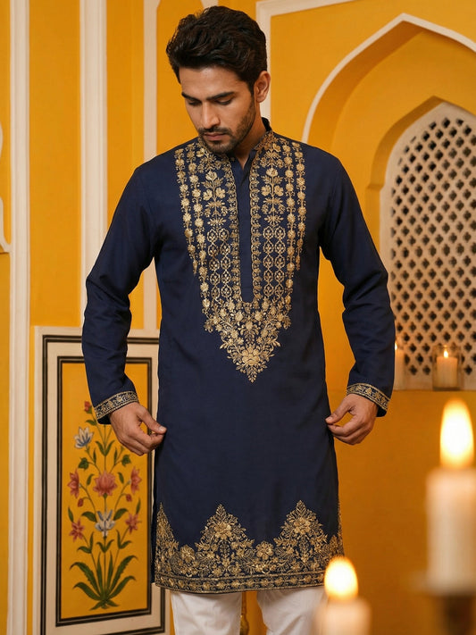 Men’s Japanese Embroidered Kurta Set ( 65KP P 5512Navy )