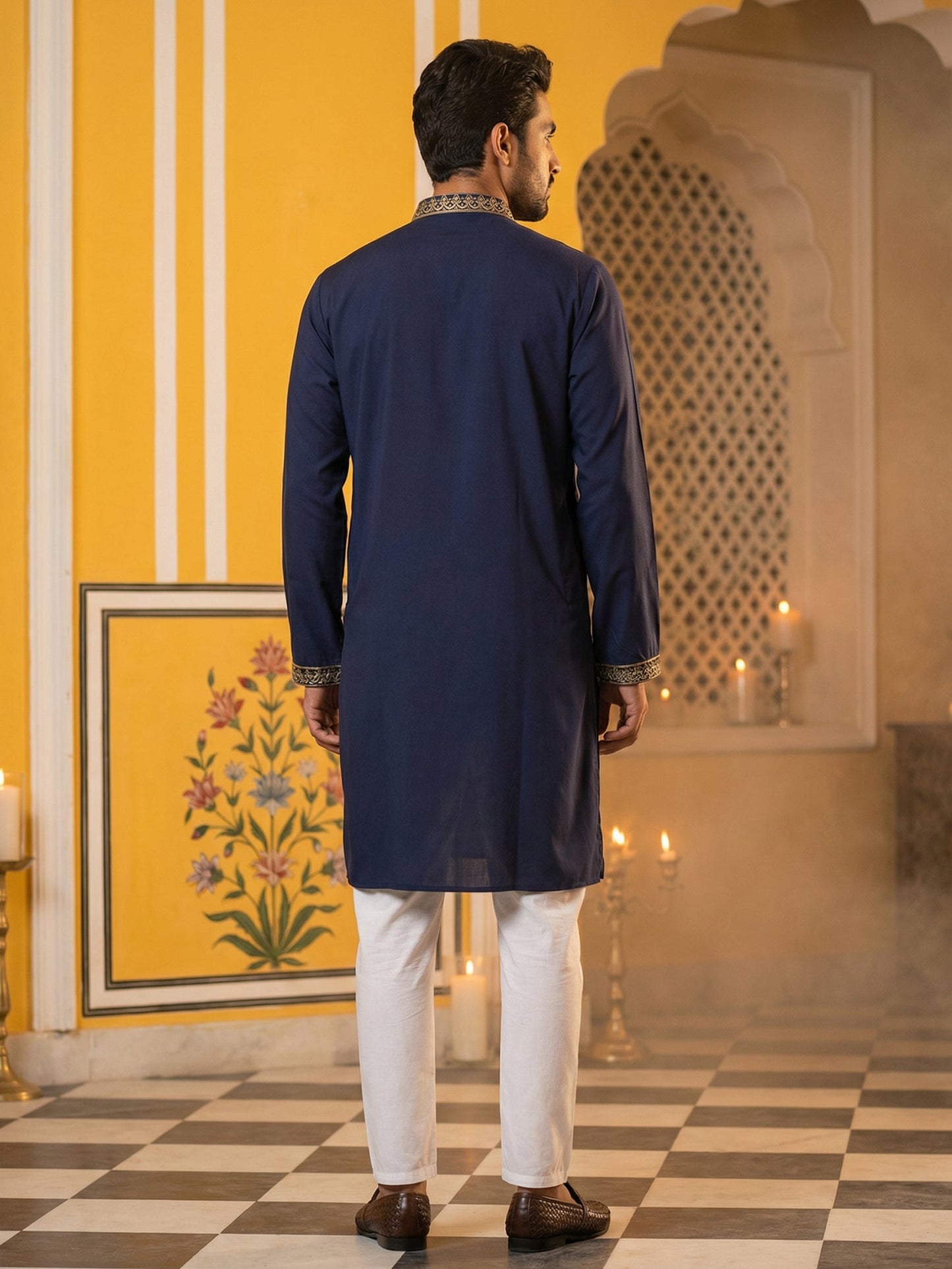Men’s Japanese Embroidered Kurta Set ( 65KP P 5512Navy )