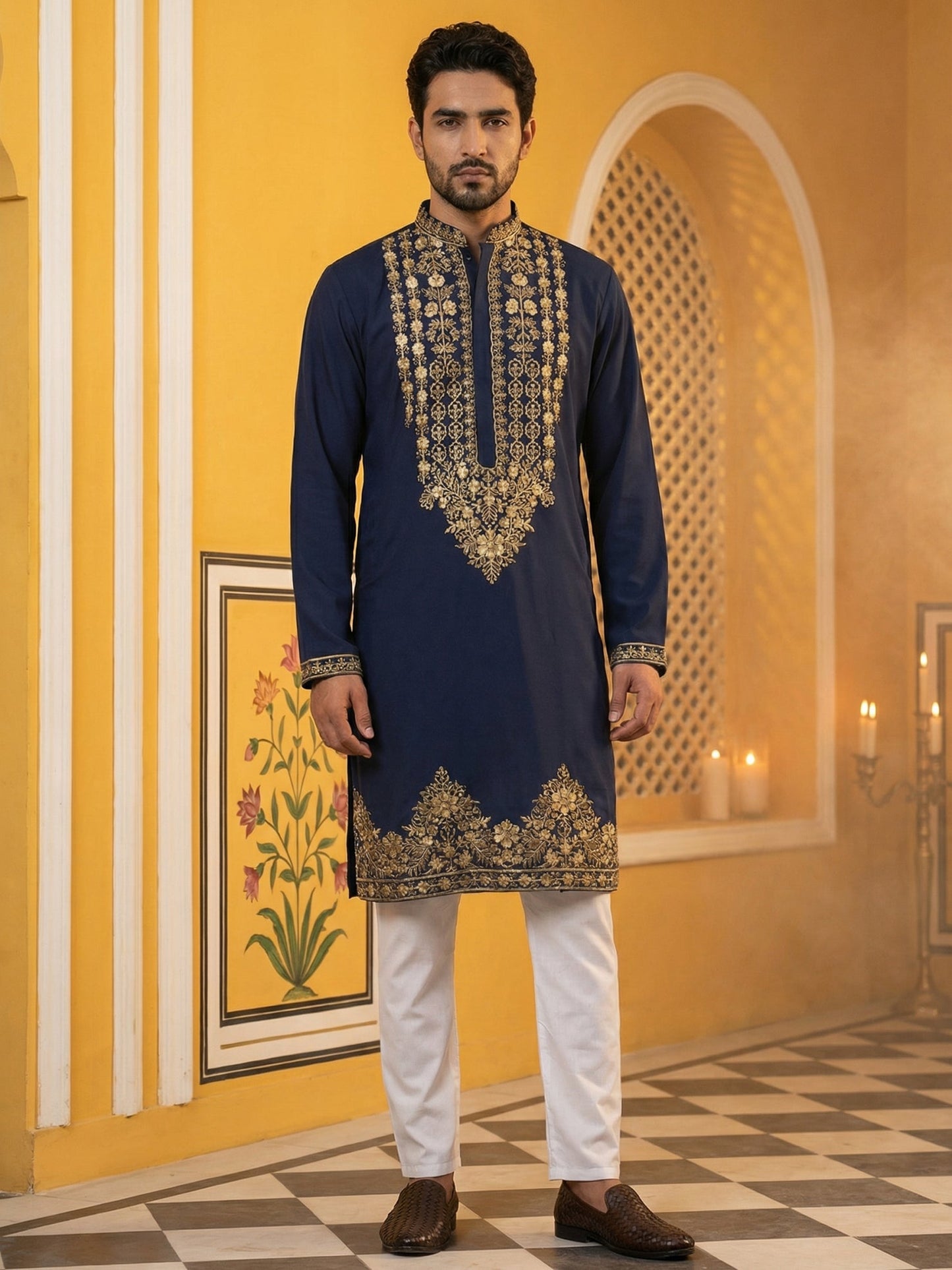Men’s Japanese Embroidered Kurta Set ( 65KP P 5512Navy )