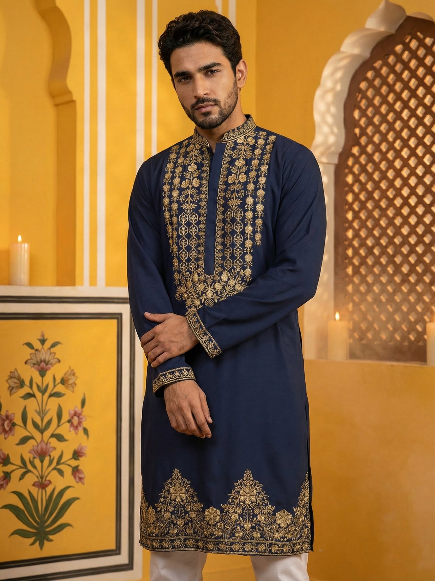 Men’s Japanese Embroidered Kurta Set ( 65KP P 5512Navy )