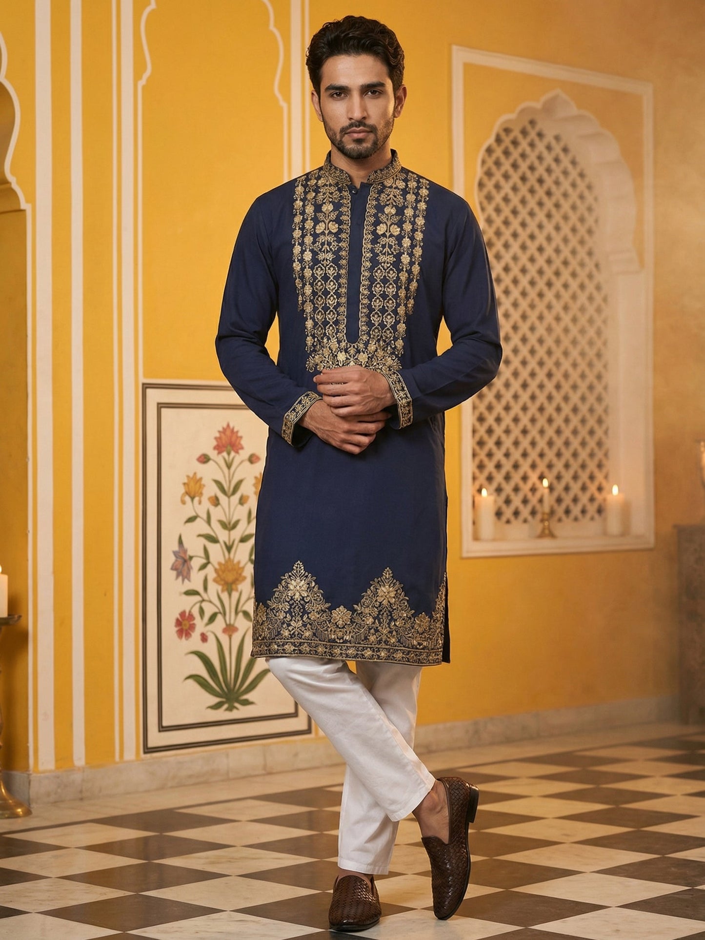 Men’s Japanese Embroidered Kurta Set ( 65KP P 5512Navy )