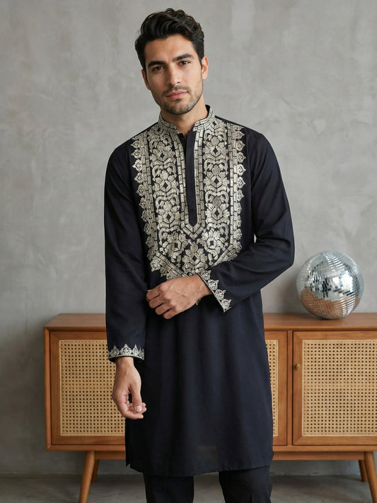 Ethnic Wear Cotton Blend Embroidered Kurta Set ( 65KP B-P 5514Black )