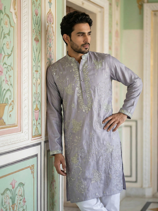 Embroidered Silk Blend Traditional Kurta Set ( 65KP P 5515Lavender ) [FF] [A-3-4]