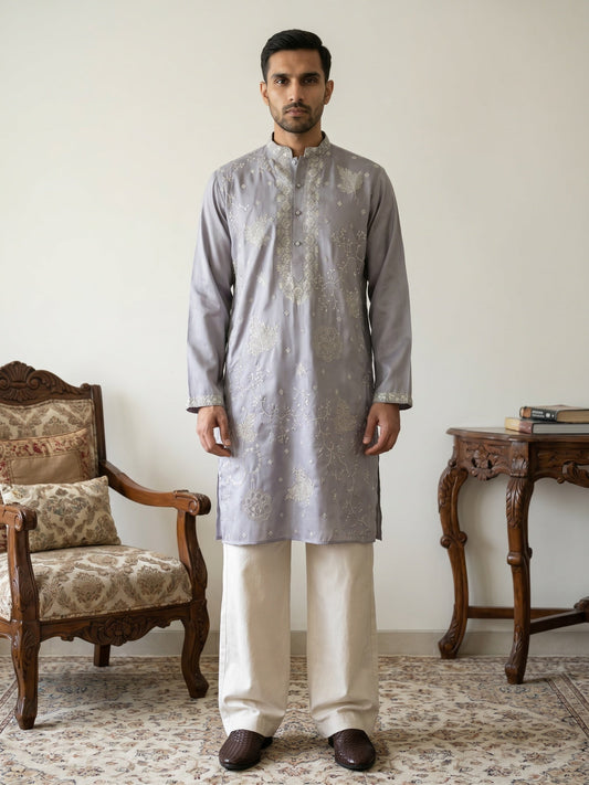 Embroidered Silk Blend Traditional Kurta with Korean Pants