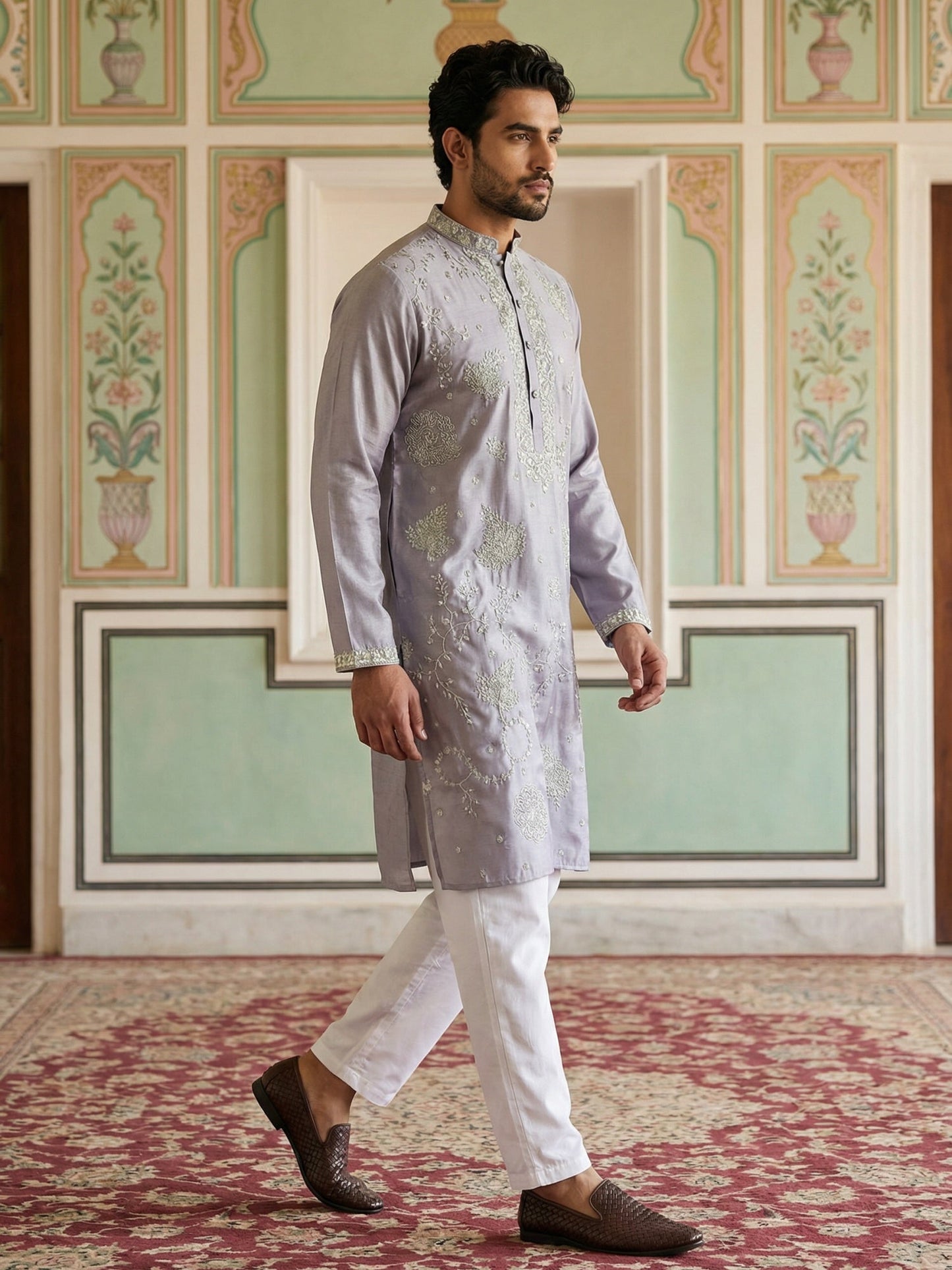 Embroidered Silk Blend Traditional Kurta Set ( 65KP P 5515Lavender ) [FF] [A-3-4]