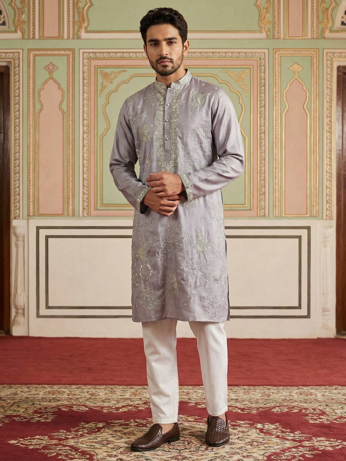Embroidered Silk Blend Traditional Kurta Set ( 65KP P 5515Lavender ) [FF] [A-3-4]