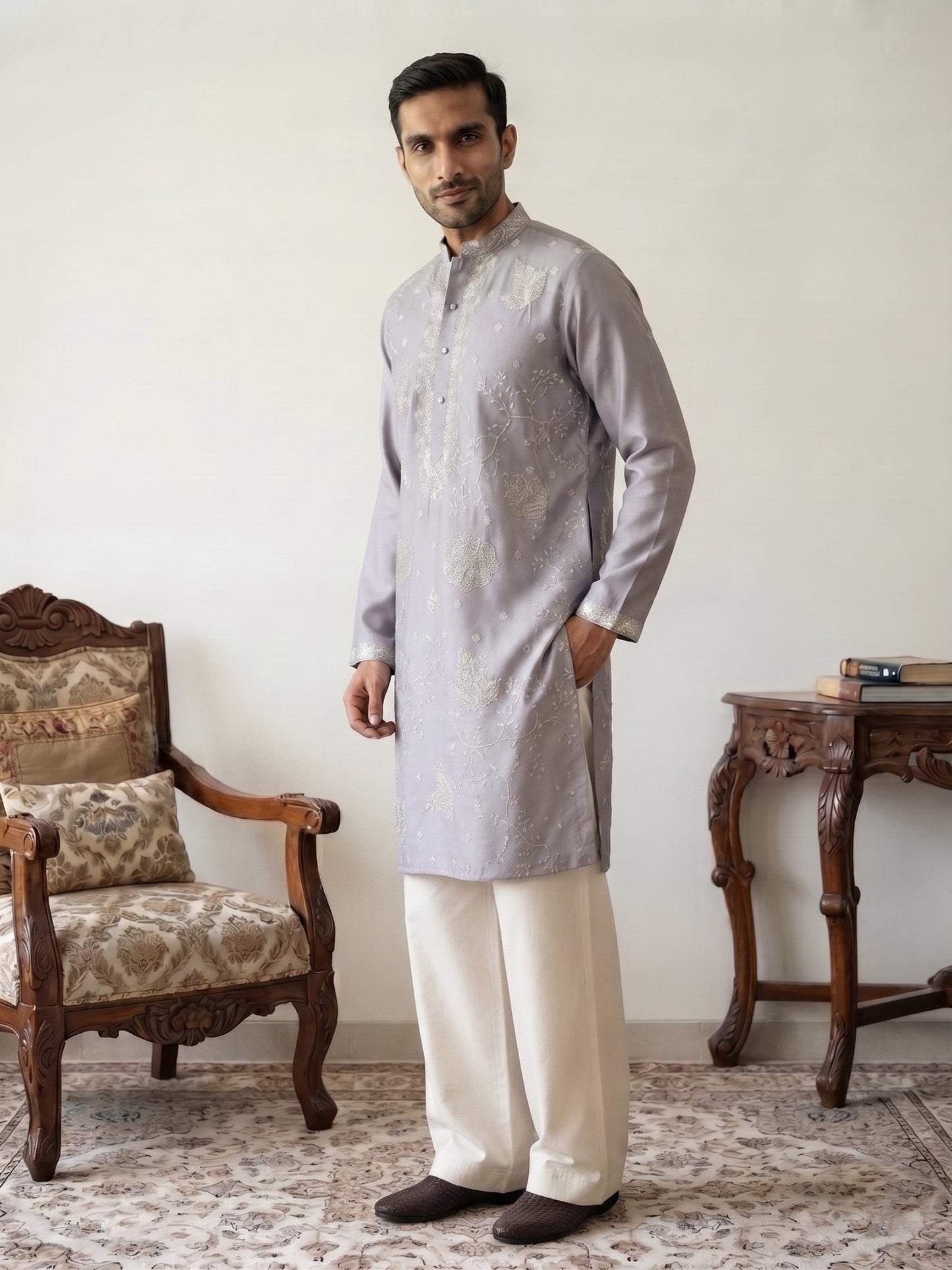 Embroidered Silk Blend Traditional Kurta with Korean Pants
