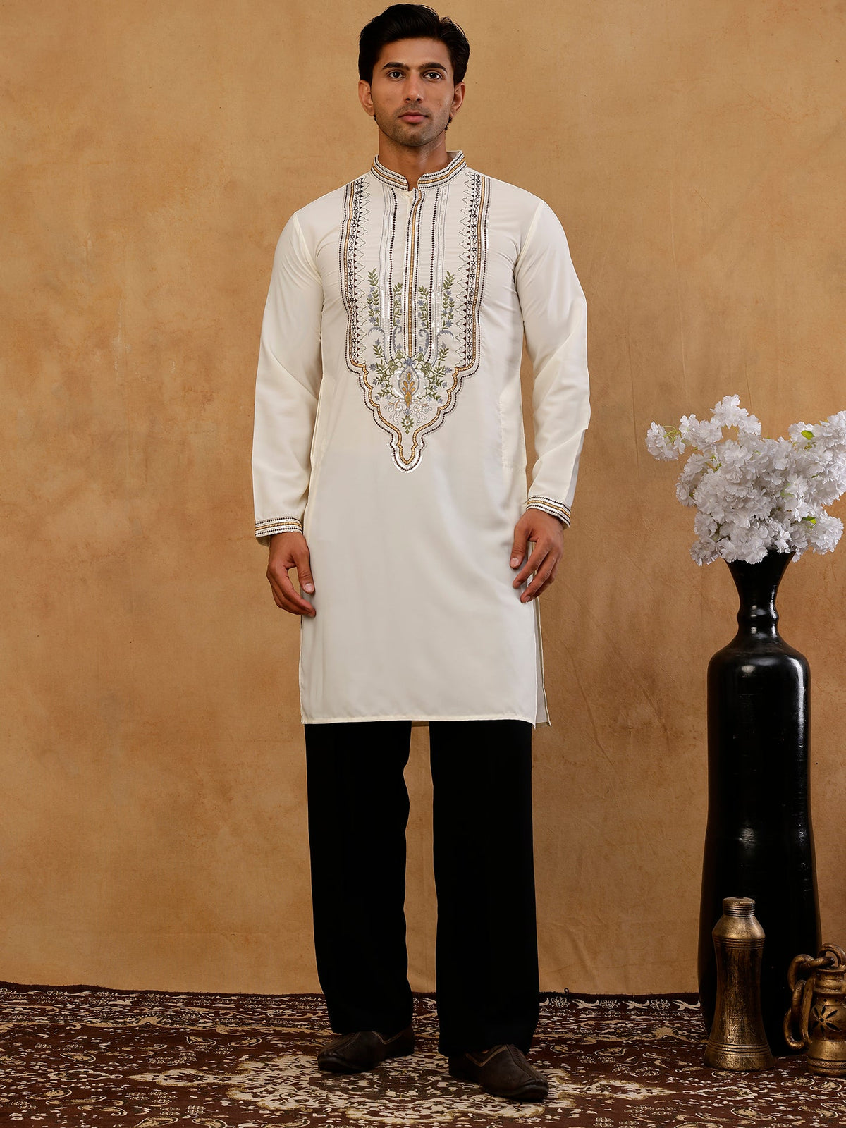 Cotton Blend Ethnic Embroidered Kurta with Korean Pants ( 65KP PJ11B B 5516 Cream )