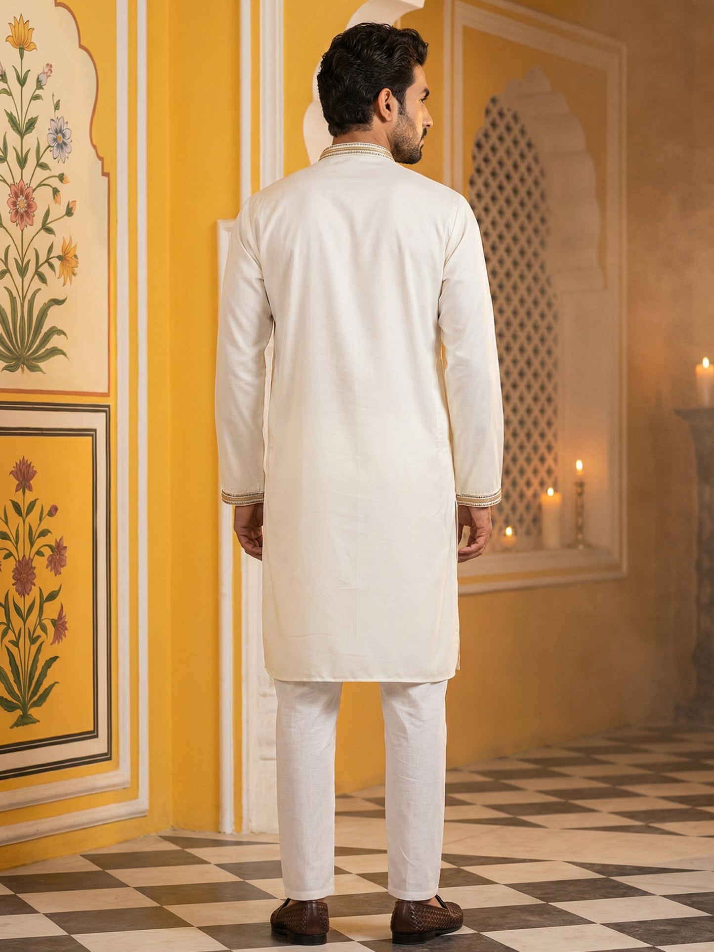 Cream Cotton Blend Ethnic Embroidered Kurta Set ( 65KP P 5516Cream ) [FF] [B-2]