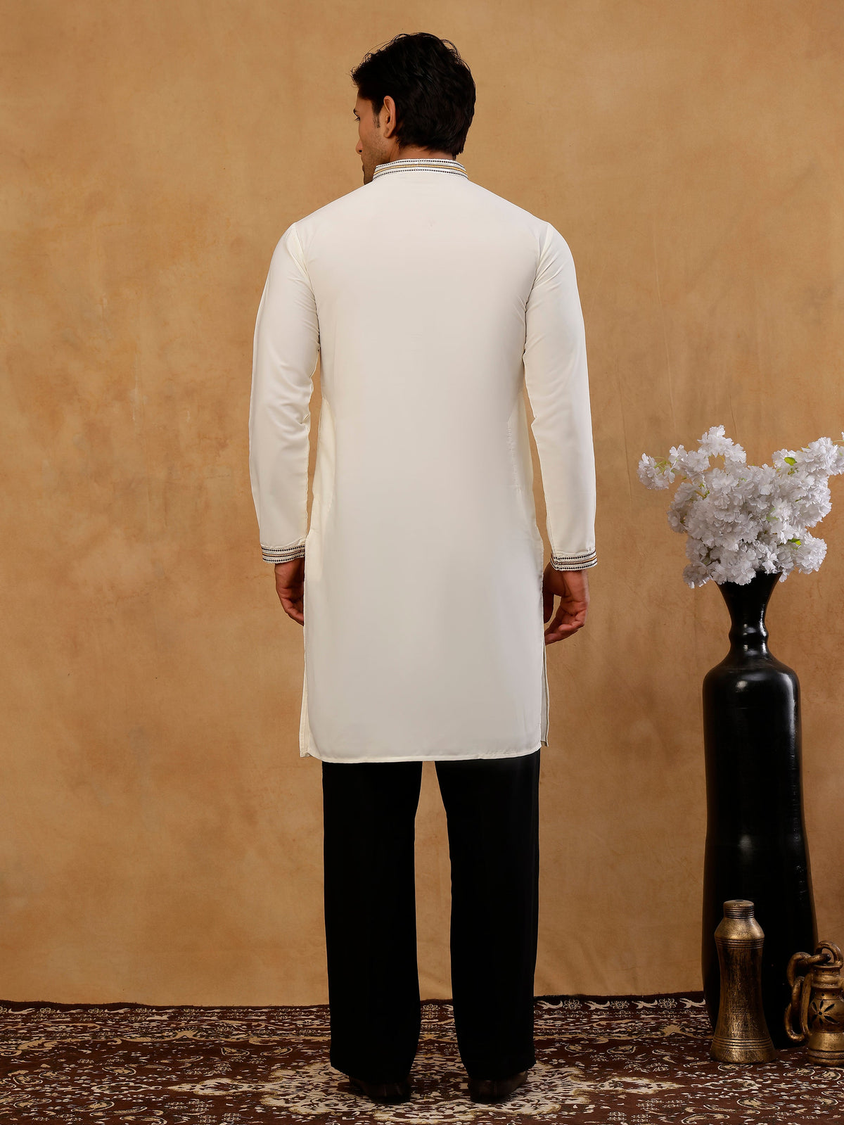 Cotton Blend Ethnic Embroidered Kurta with Korean Pants ( 65KP PJ11B B 5516 Cream )