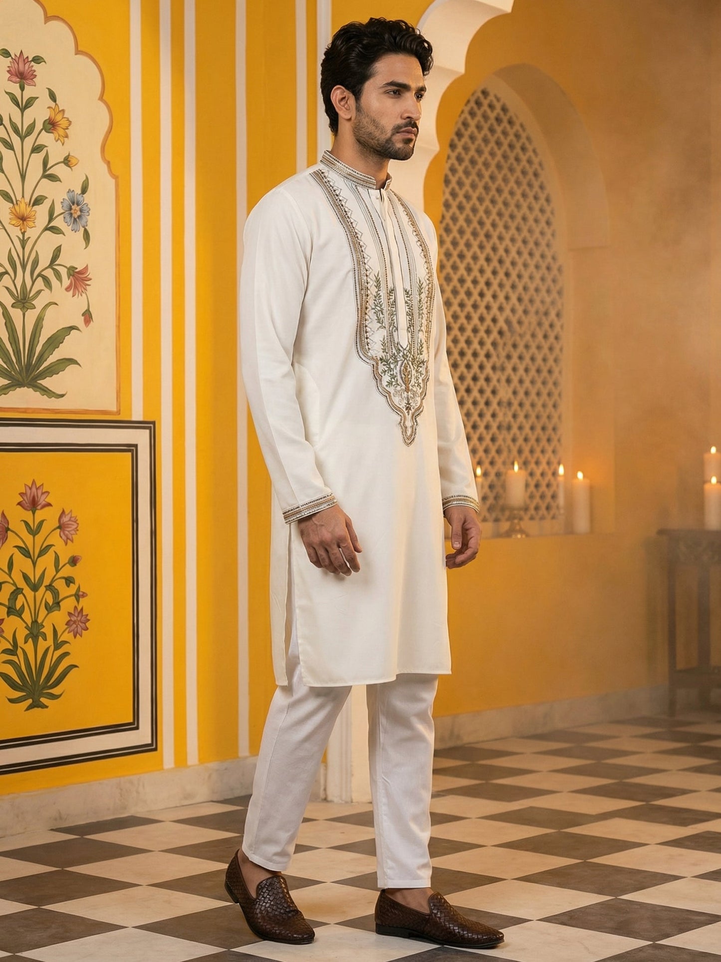 Cream Cotton Blend Ethnic Embroidered Kurta Set ( 65KP P 5516Cream ) [FF] [B-2]