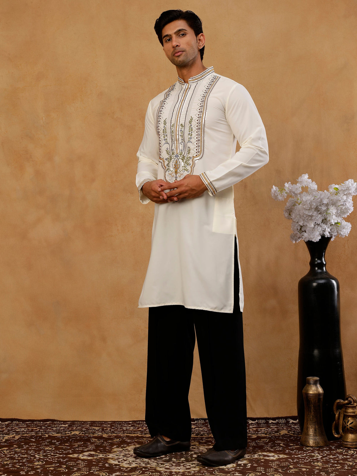 Cotton Blend Ethnic Embroidered Kurta with Korean Pants ( 65KP PJ11B B 5516 Cream )