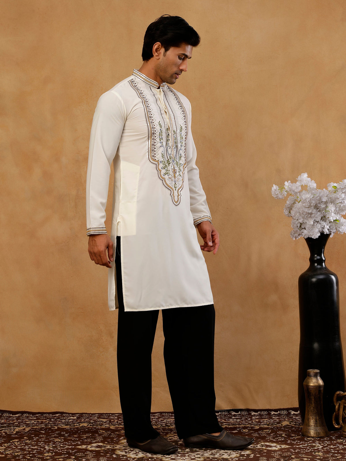 Cotton Blend Ethnic Embroidered Kurta with Korean Pants ( 65KP PJ11B B 5516 Cream )
