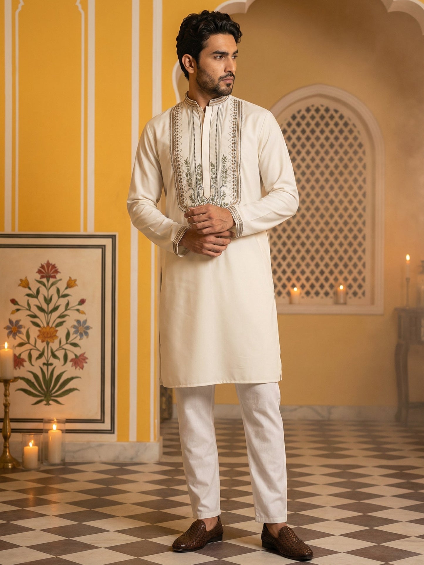 Cream Cotton Blend Ethnic Embroidered Kurta Set ( 65KP P 5516Cream ) [FF] [B-2]