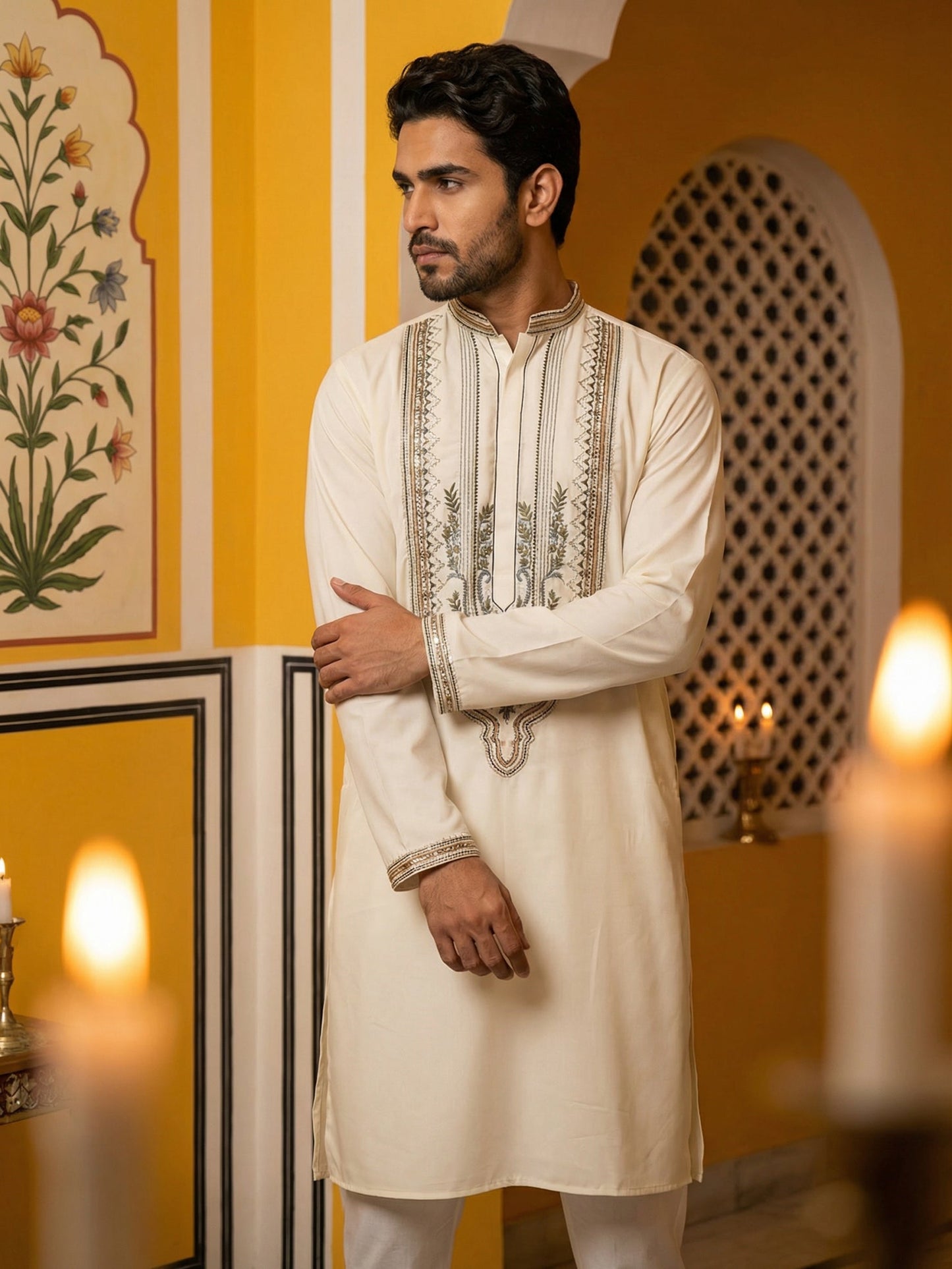 Cream Cotton Blend Ethnic Embroidered Kurta Set ( 65KP P 5516Cream ) [FF] [B-2]