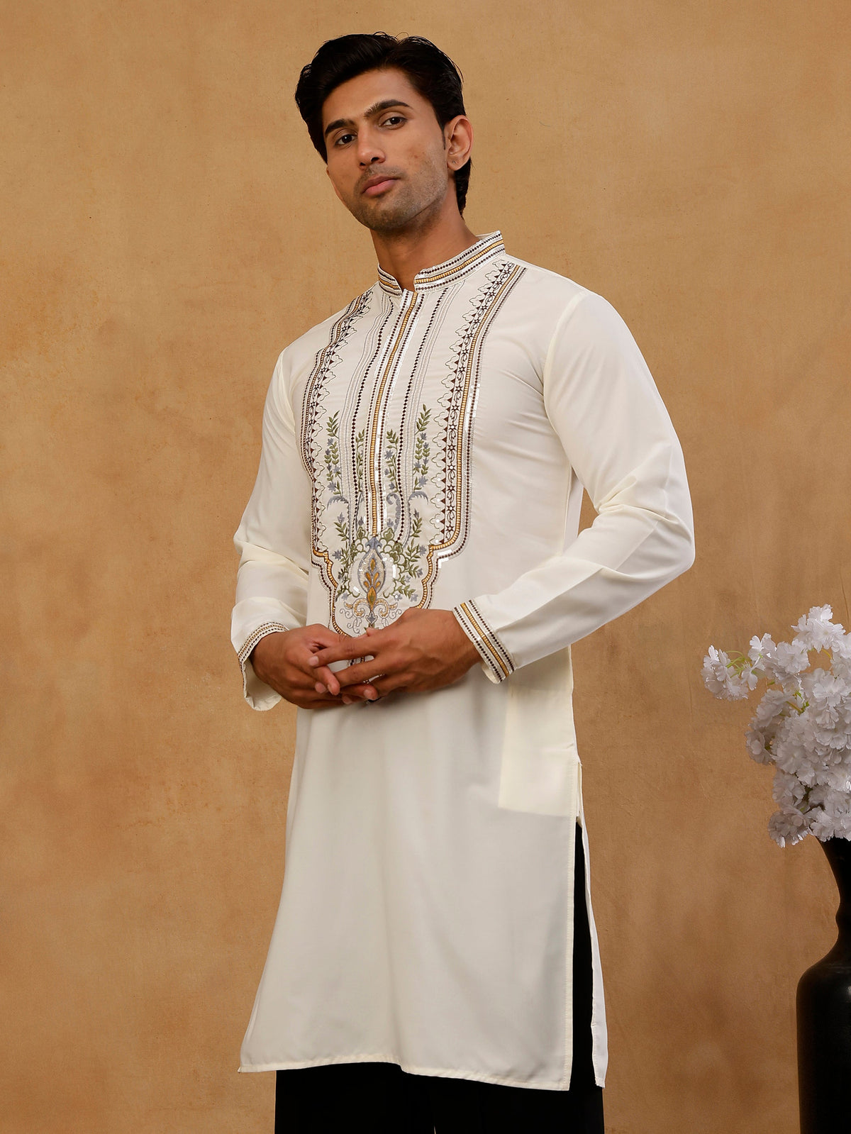 Cotton Blend Ethnic Embroidered Kurta with Korean Pants ( 65KP PJ11B B 5516 Cream )