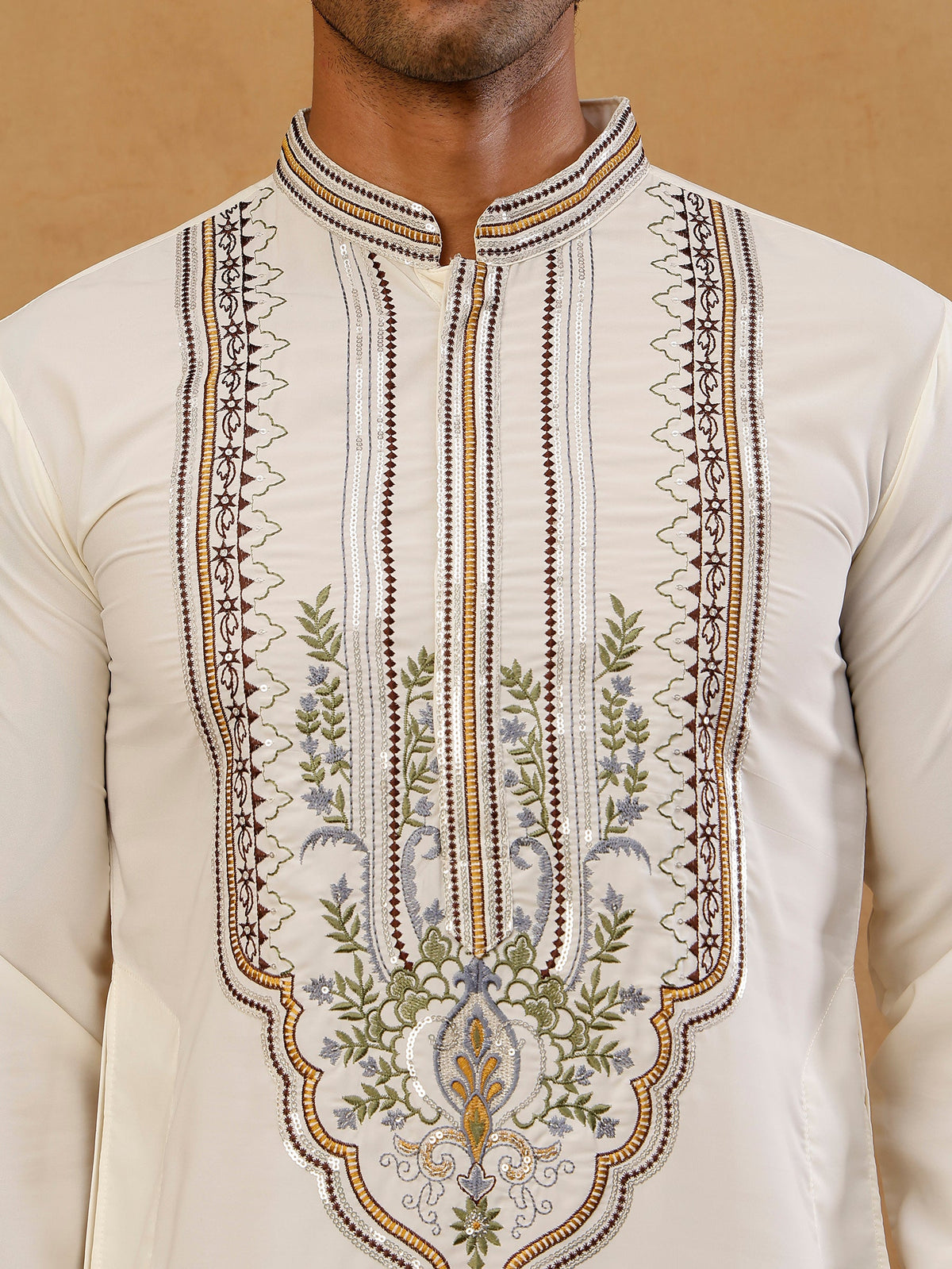 Cotton Blend Ethnic Embroidered Kurta with Korean Pants ( 65KP PJ11B B 5516 Cream )
