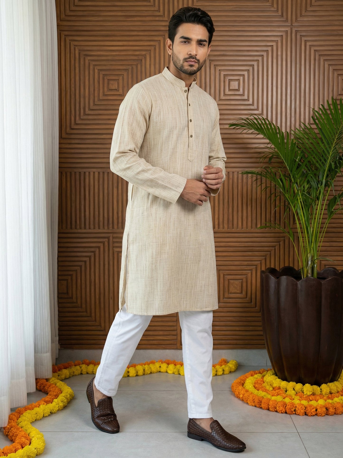 Woven Design Kurta Pyjama Set for Men ( 65KP P 5518Beige ) [FF] [H-8]