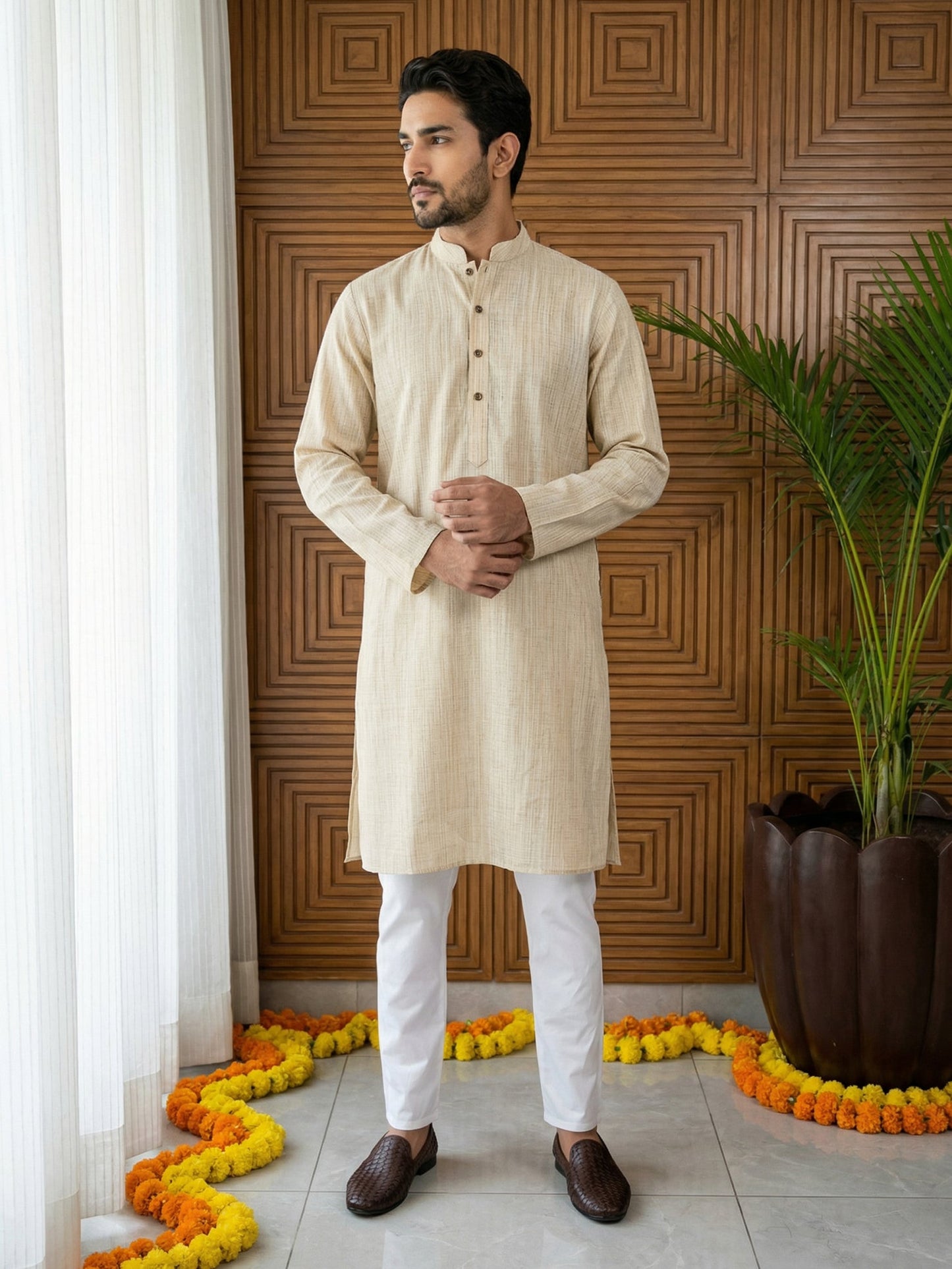 Woven Design Kurta Pyjama Set for Men ( 65KP P 5518Beige ) [FF] [H-8]