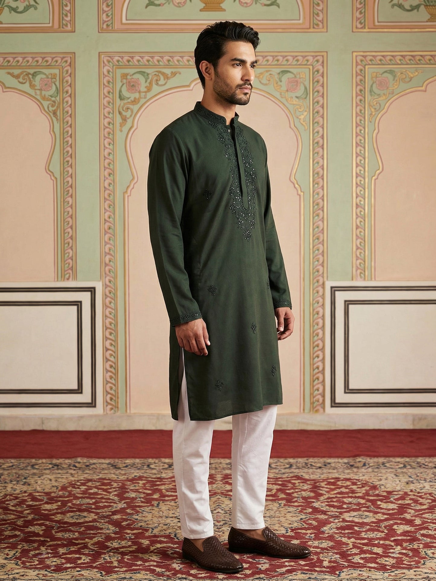 Japanese Embroidered Festive Kurta Set for Men ( 65KP P 5519Olive ) [FF] [P-6]