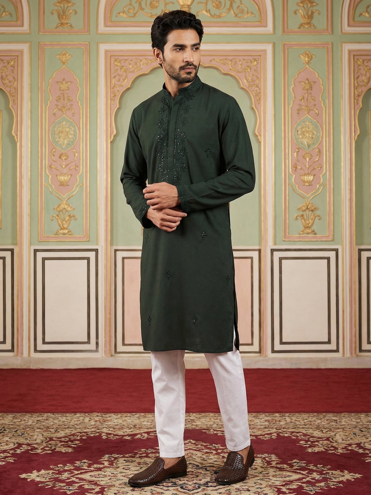 Japanese Embroidered Festive Kurta Set for Men ( 65KP P 5519Olive ) [FF] [P-6]