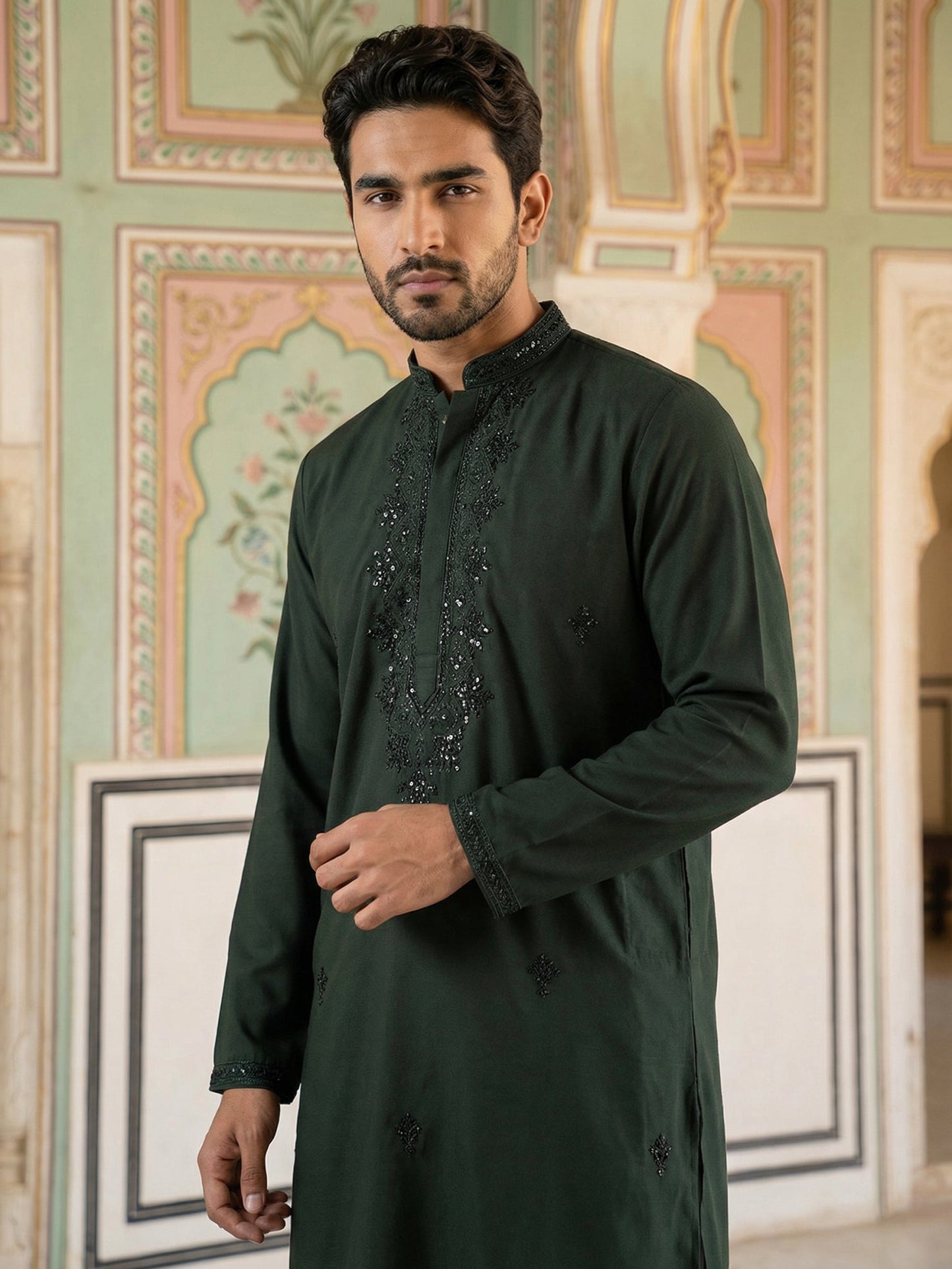 Japanese Embroidered Festive Kurta Set for Men ( 65KP P 5519Olive ) [FF] [P-6]
