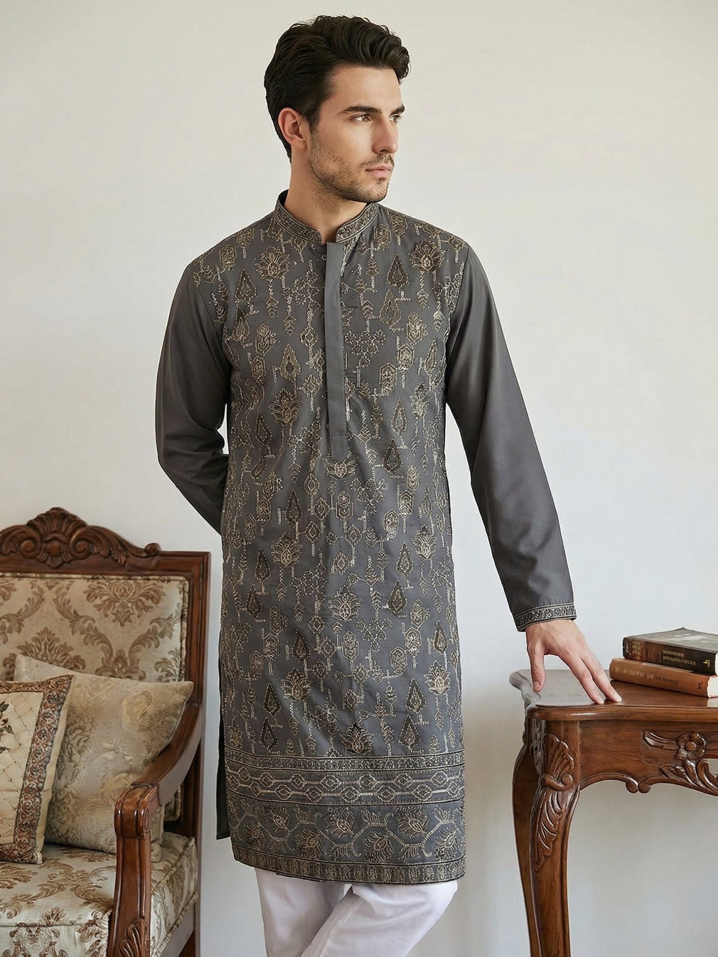 Japanese Embroidery Traditional Kurta Set ( 65KP P 5520Grey ) [FF] [B-1-2]