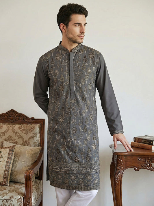 Japanese Embroidery Traditional Kurta Set ( 65KP P 5520Grey ) [FF] [B-1-2]