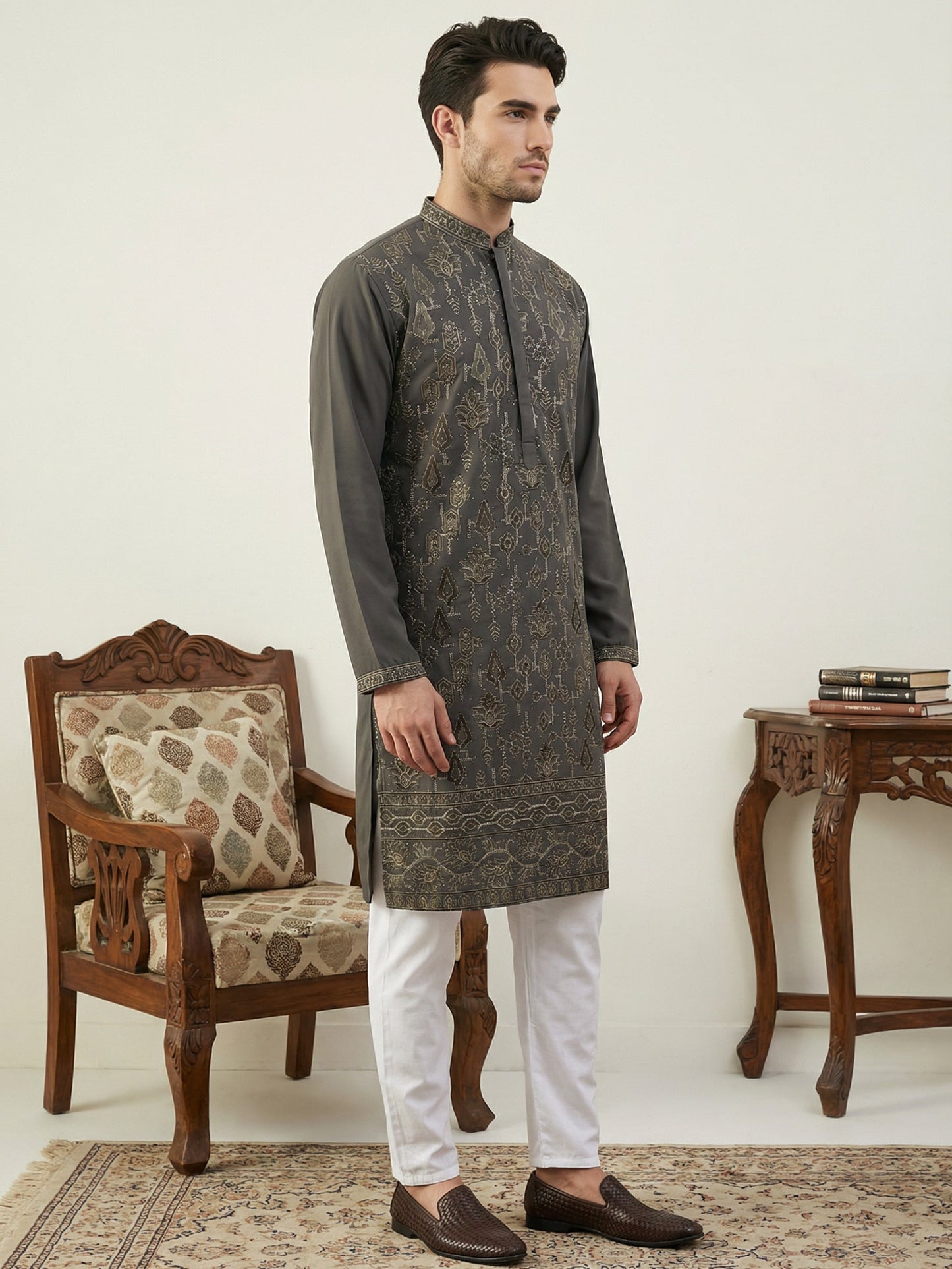 Japanese Embroidery Traditional Kurta Set ( 65KP P 5520Grey ) [FF] [B-1-2]