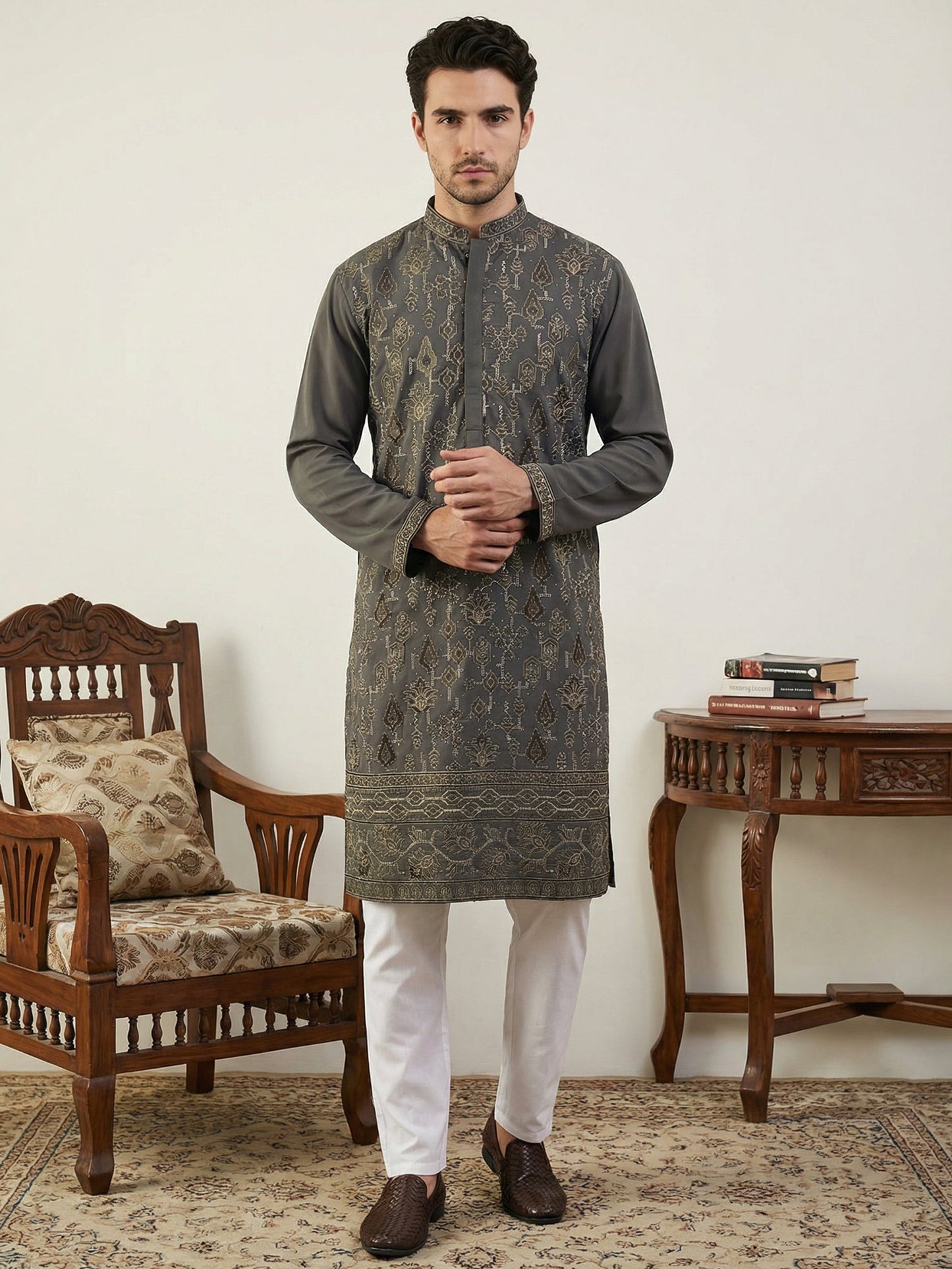 Japanese Embroidery Traditional Kurta Set ( 65KP P 5520Grey ) [FF] [B-1-2]