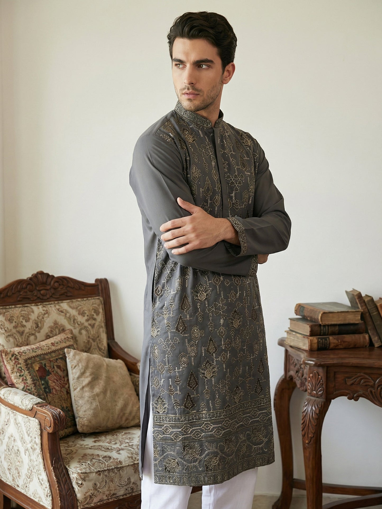 Japanese Embroidery Traditional Kurta Set ( 65KP P 5520Grey ) [FF] [B-1-2]