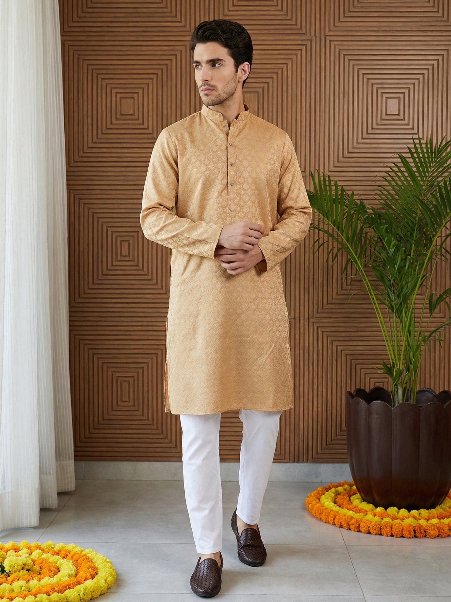 Woven Design Cotton Jacquard Kurta Set ( 65KP P 5521Orange ) [FF] [P-10]