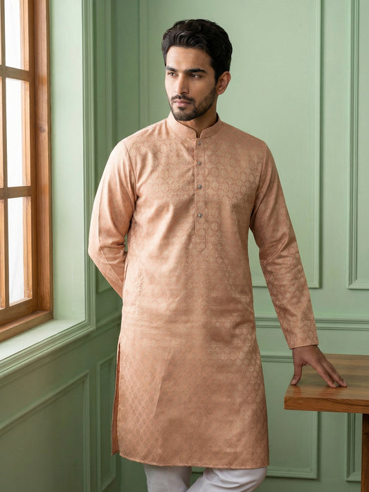 Woven Design Cotton Jacquard Kurta Set ( 65KP P 5521Peach ) [FF] [P-10]